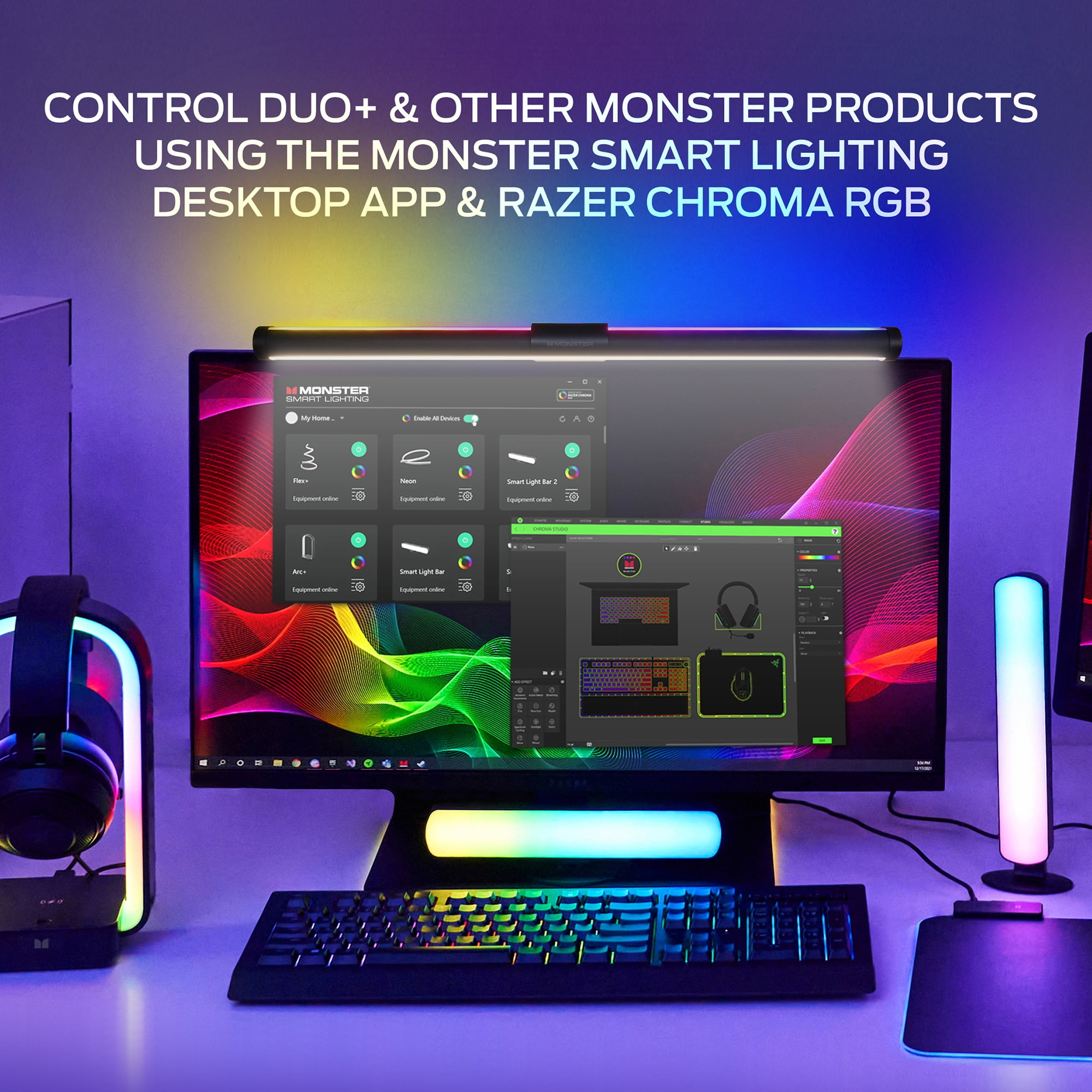 Monster LED Duo Monitor Light Bars with Smart Color Control and Razer Chroma Sync (RGB, 18.80 in) cxhlw