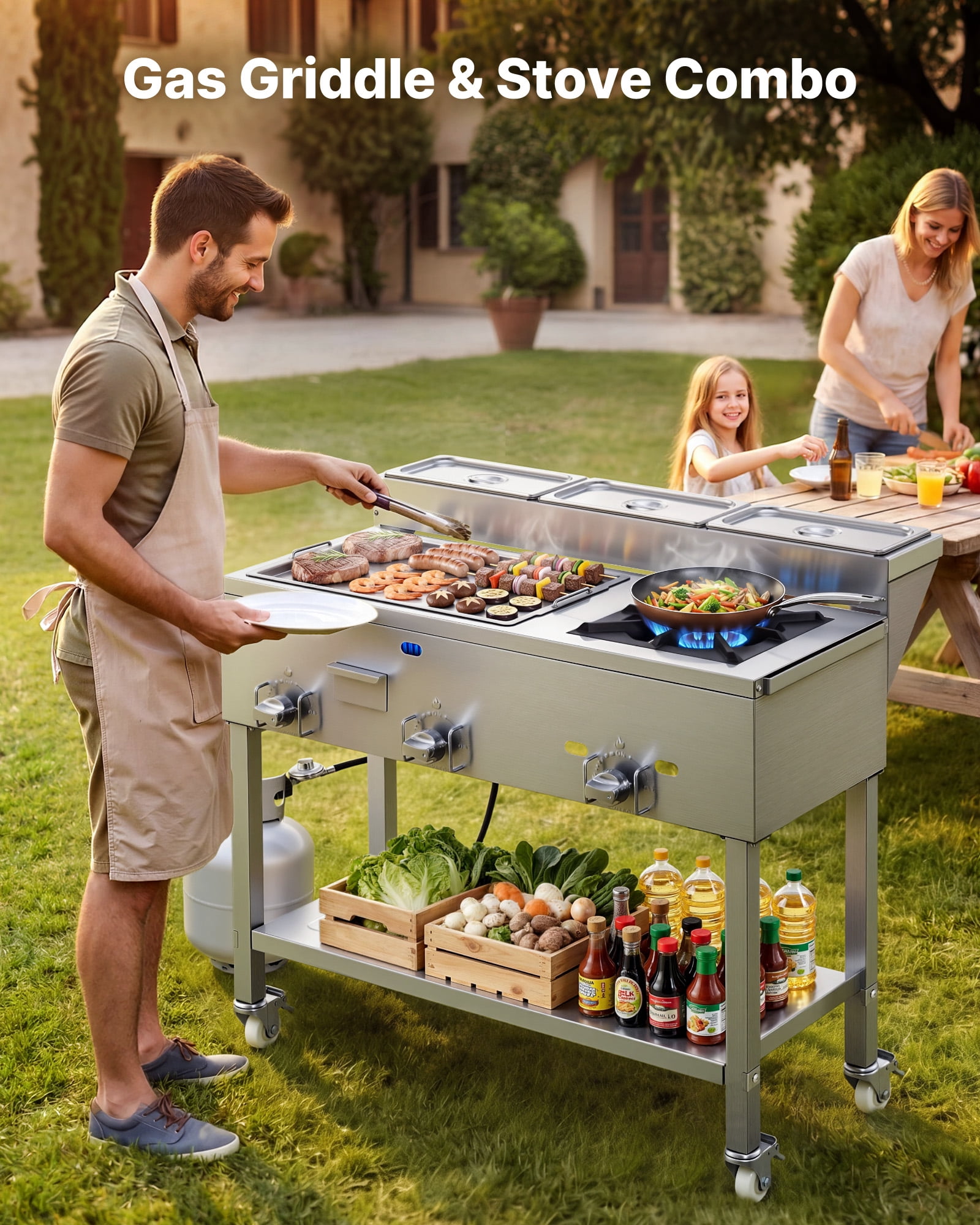 VEVOR Outdoor Propane Griddle, 3-Burner Commercial Stainless Steel Cooking Cart with Wheels and 3 Food Pans 2kqvv