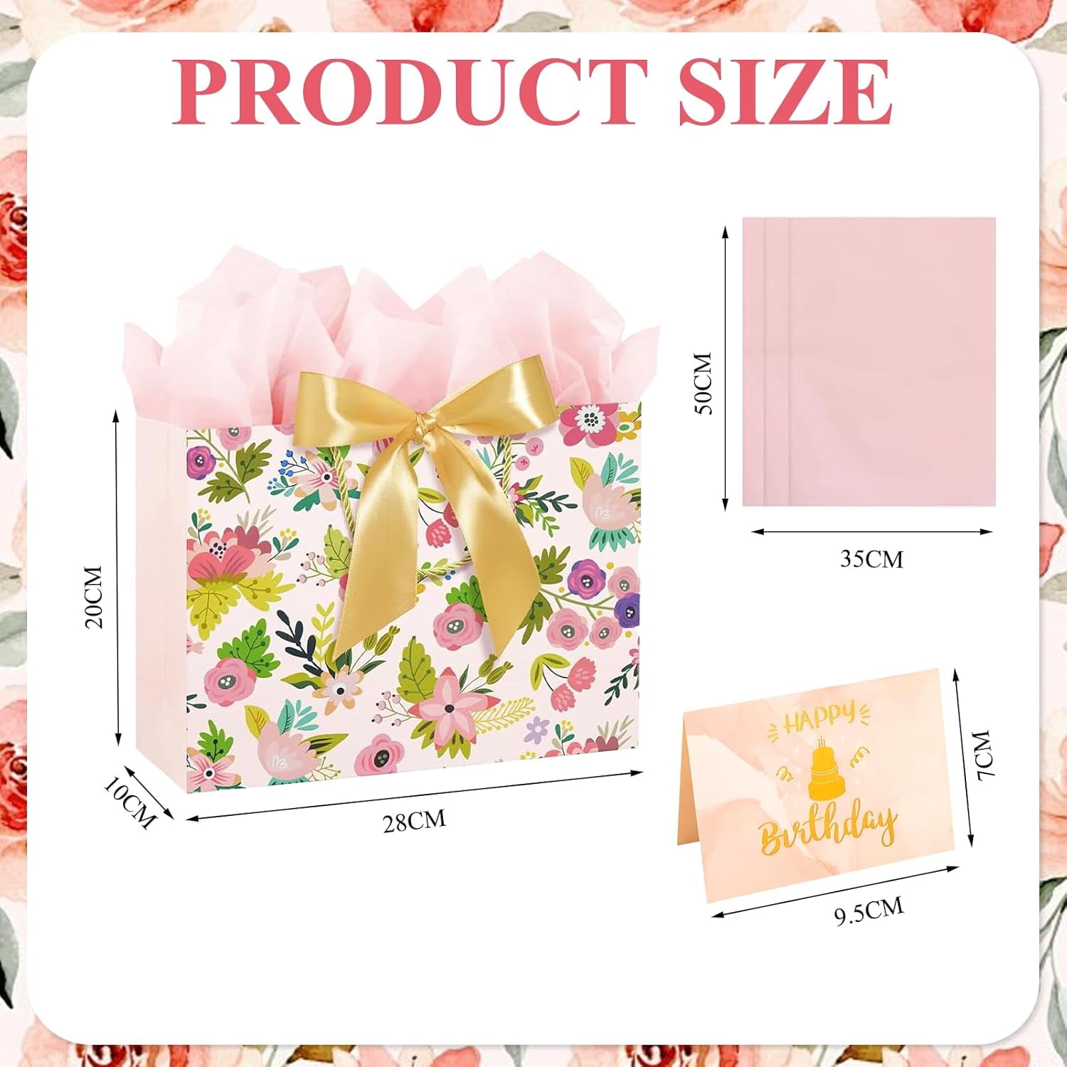 LW Pink Birthday Gift Bag Set with Tissue Paper and Greeting Cards (Floral Design, Medium, 2 Pack) 45zc4
