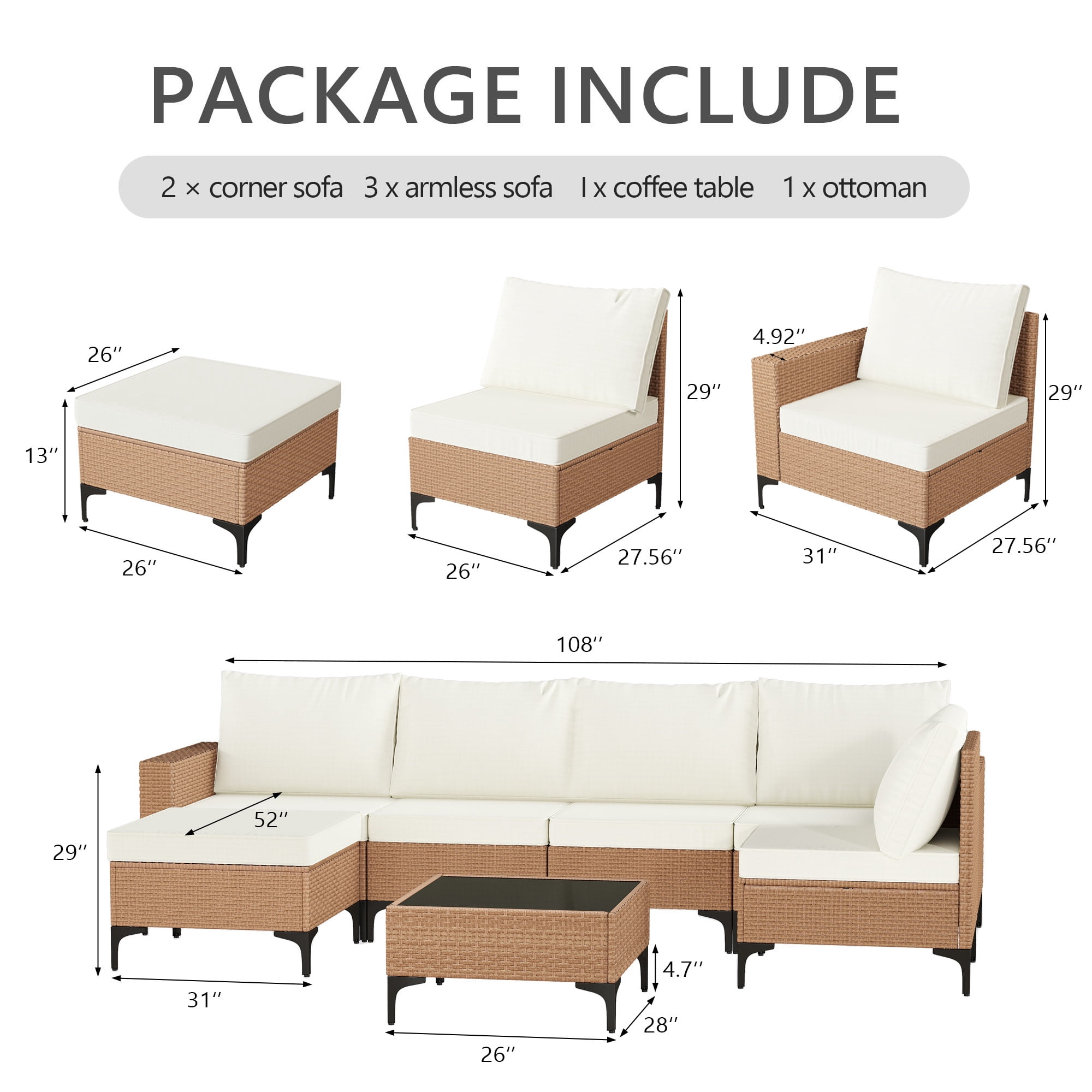 LAZZO 7-Piece Outdoor Conversation Set, Wicker Patio Furniture with Cushions and Coffee Table (Beige, 7-Piece) 4dxaf