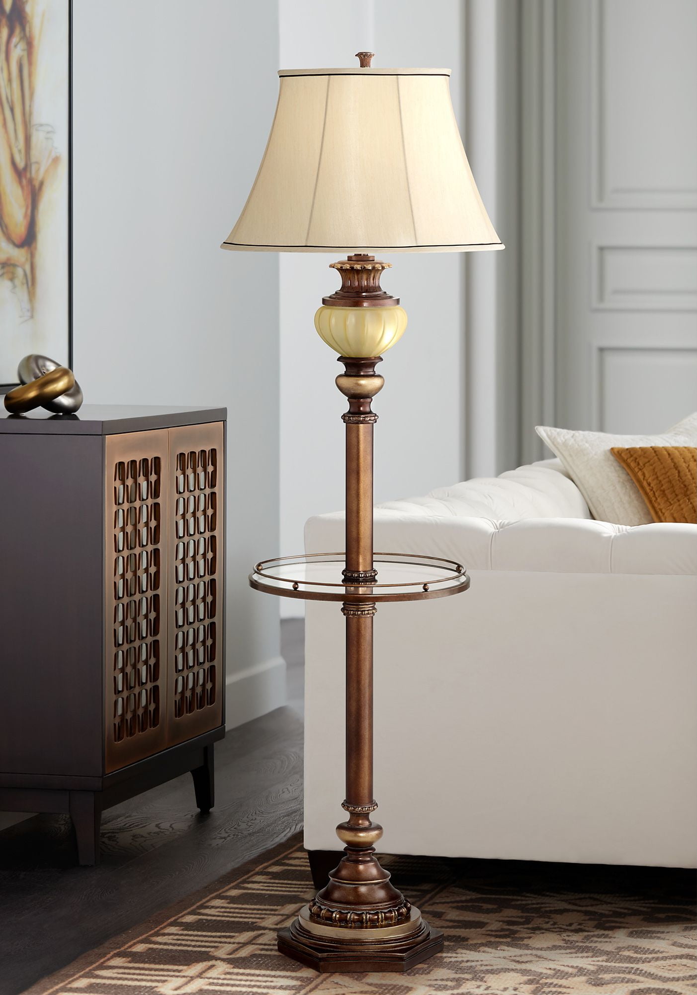 Kathy Ireland Traditional Floor Lamp with Glass Tray and Night Light (Bronze, 65 in) tlfgq