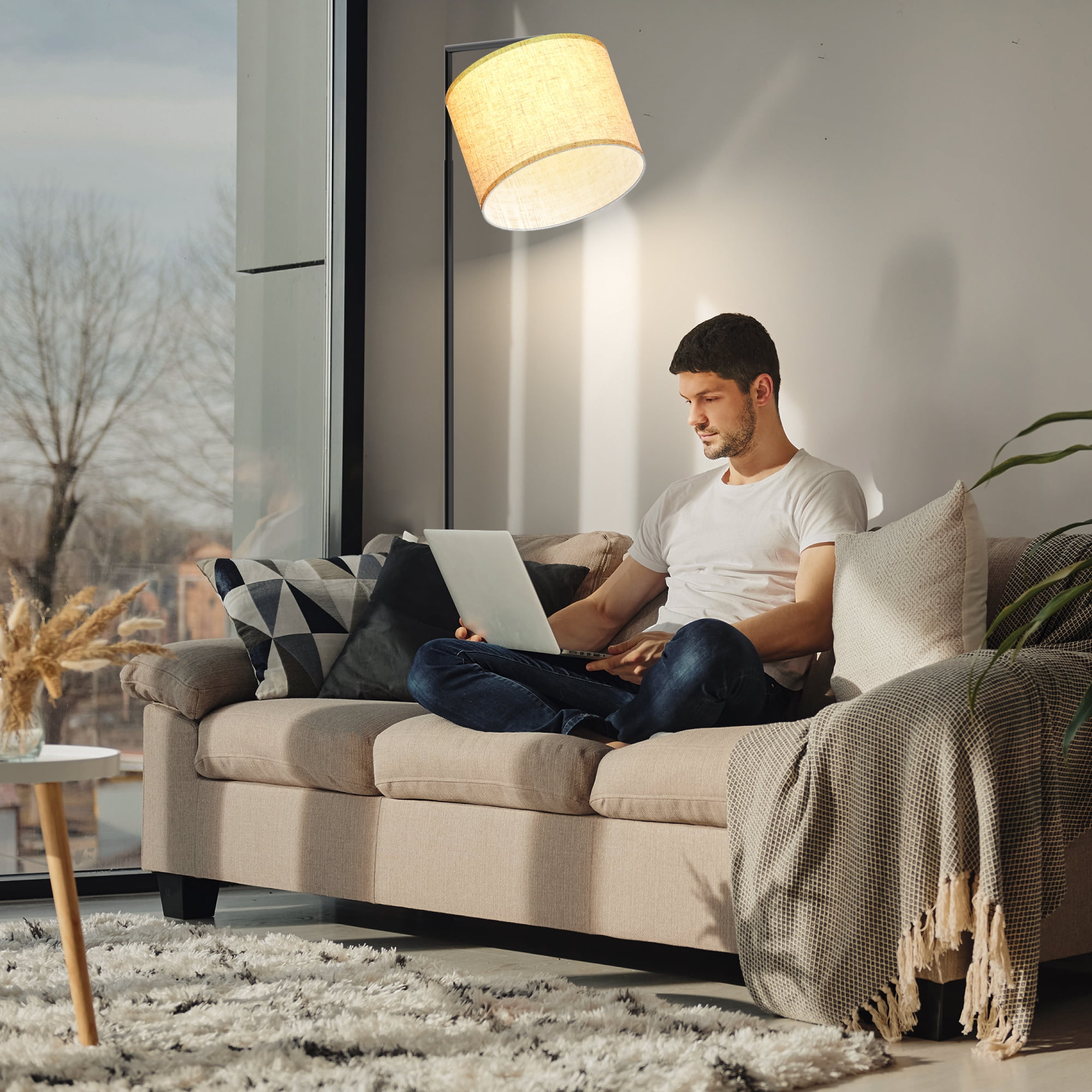 Jurulu Modern Arc Floor Lamp with Remote Control, Adjustable Linen Shade, Dimmable LED Standing Light (White, 61 in) cs74o