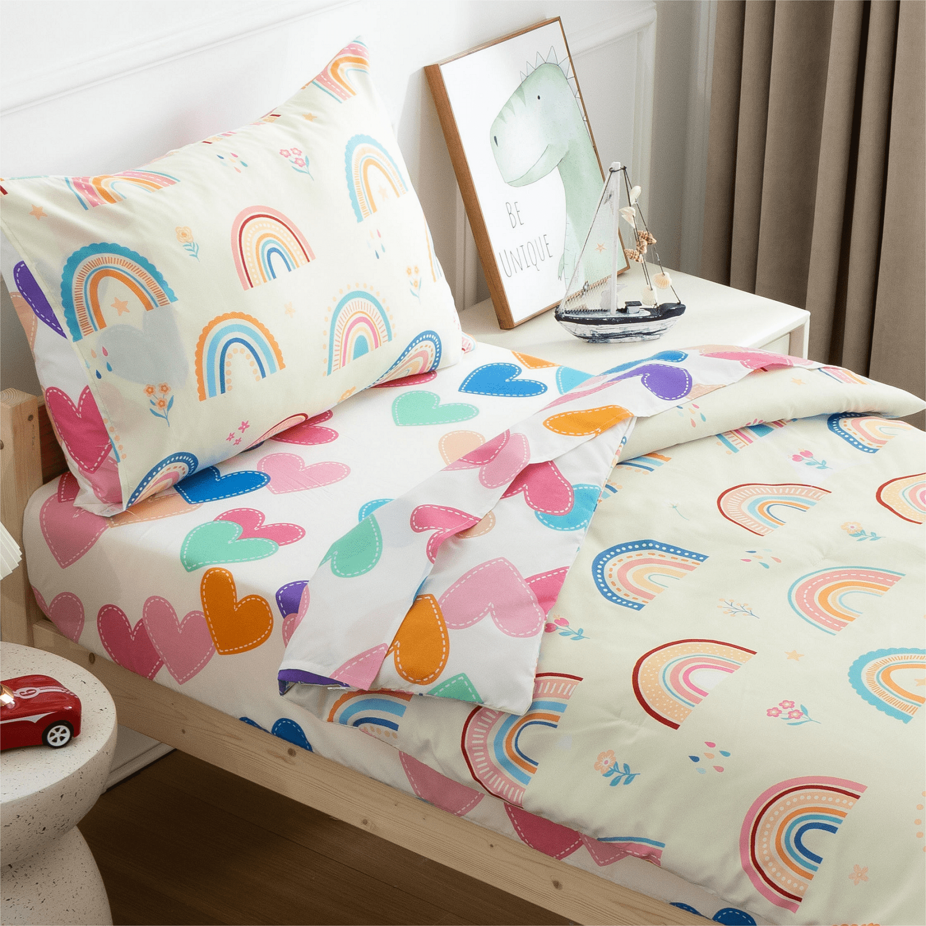 Btargot 4pc Rainbow Toddler Bedding Set, Soft Brushed Microfiber Comforter and Sheet Set (Multi-Color, Toddler Size) hp5qm