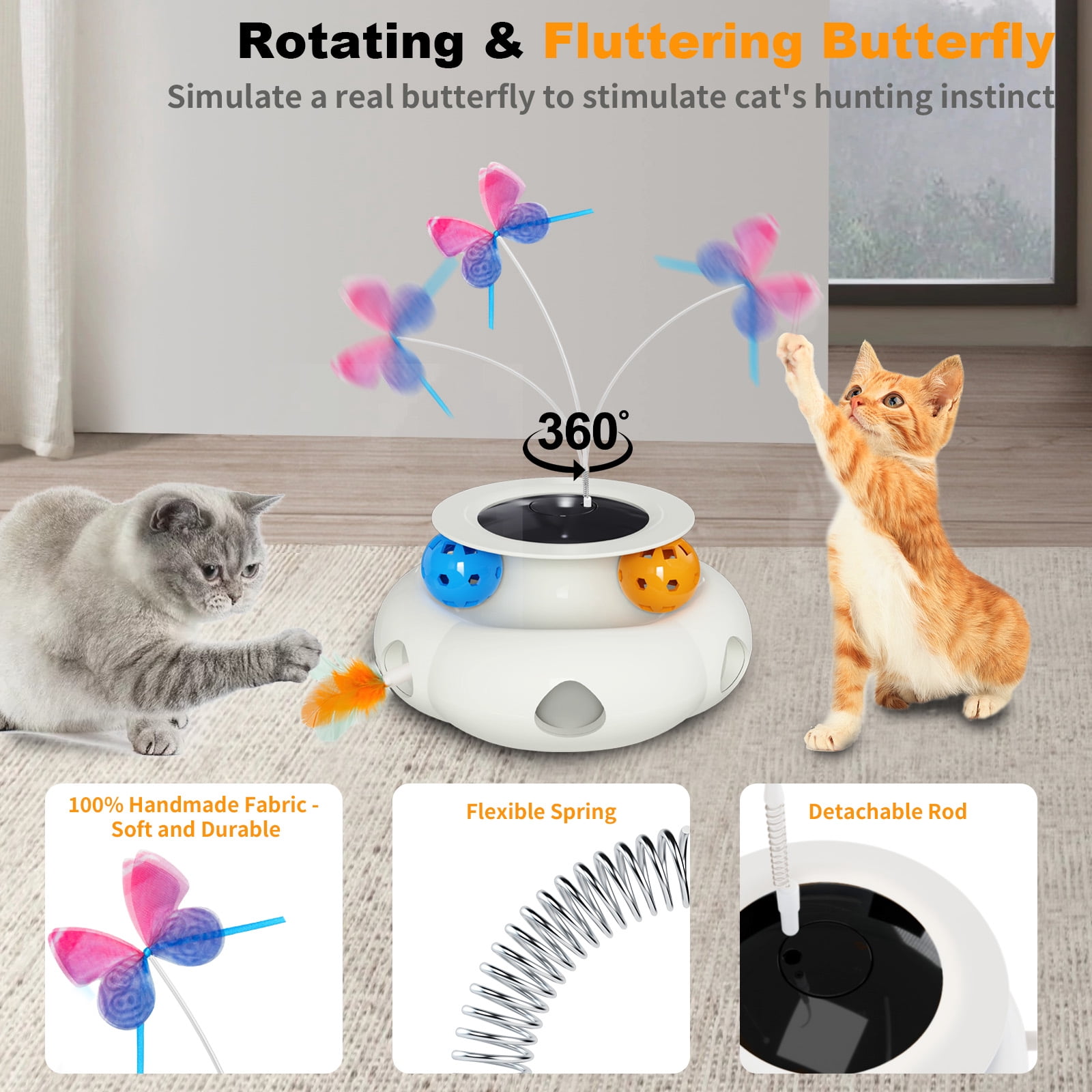 UniMaxLink Electric Interactive Cat Toy, Automatic Rotating Butterfly Feather Wand with USB Rechargeable Battery (White) mp0r1