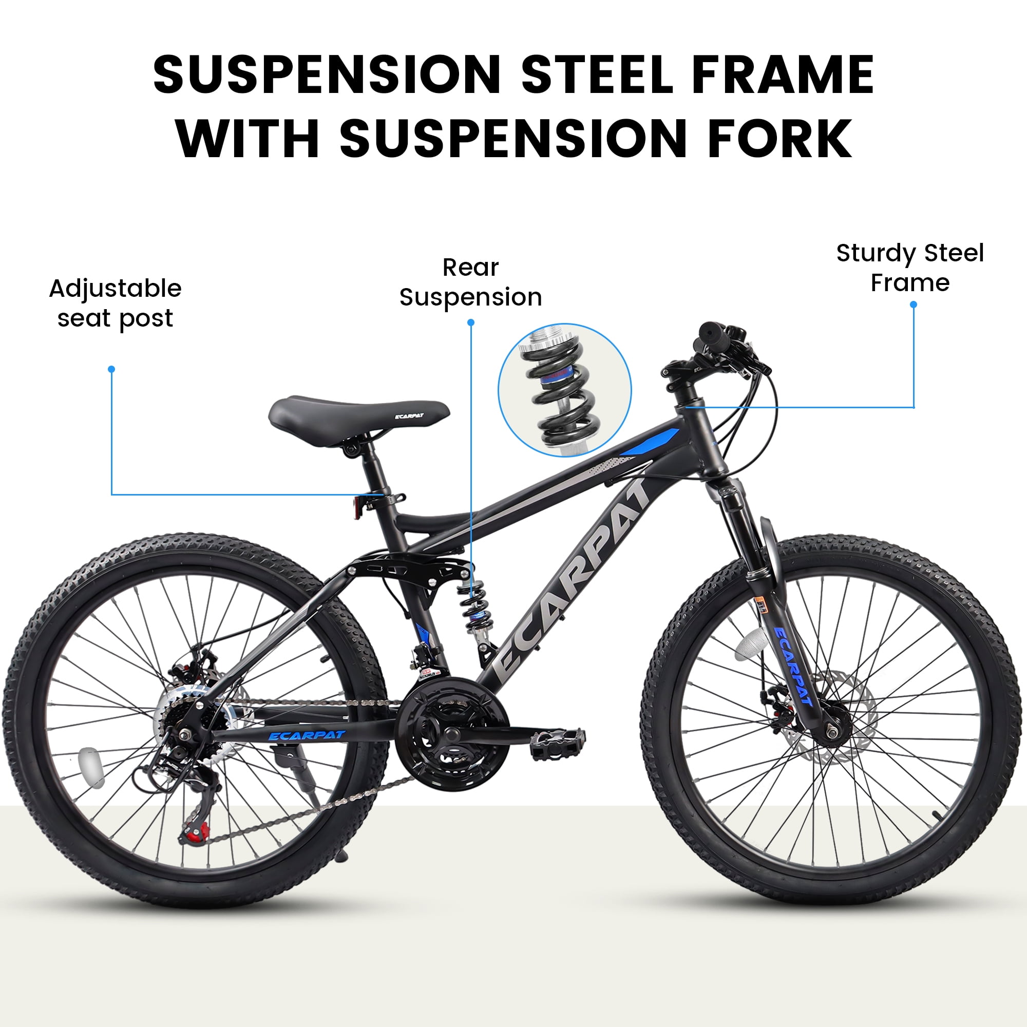 Ecarpat 26 Inch Mountain Bike, 21-Speed Dual Disc Brake MTB with Front and Rear Suspension (Black, 26 in) egrgr