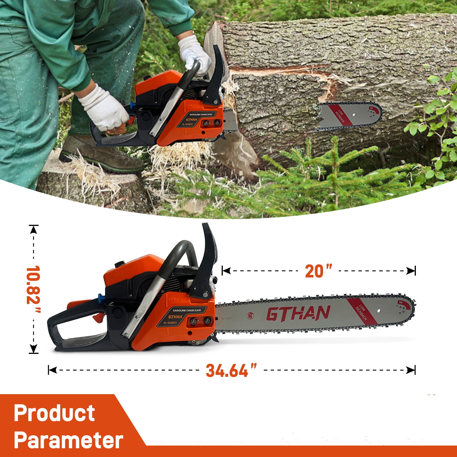 GTHAN Gas Chainsaw 62cc 2-Cycle Engine High-Performance Wood Cutting Tool (Orange, 20 in) xqx4n