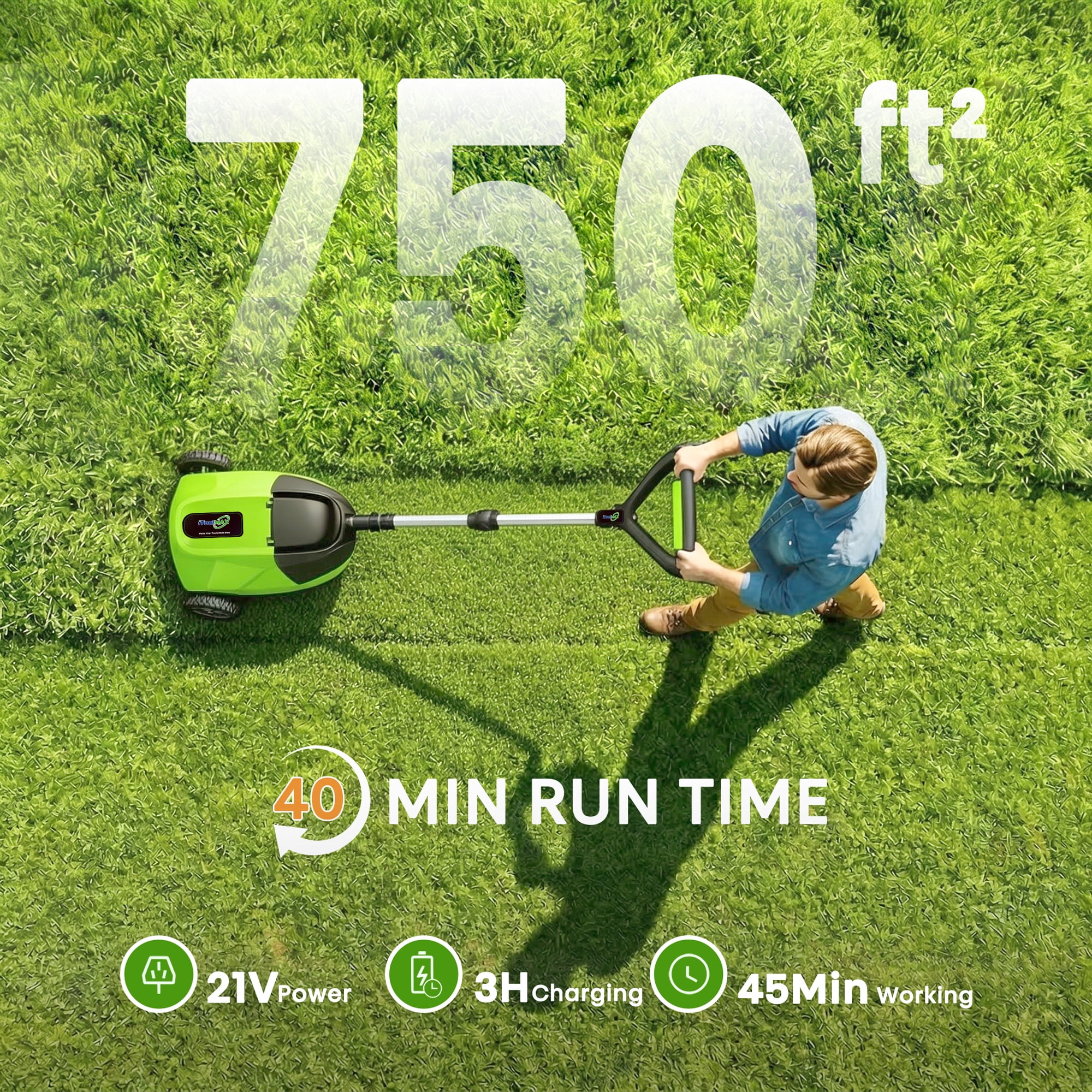 iToolMax Cordless Electric Lawn Mower, Lightweight Push Mower with 3-Position Cutting Height and Auto Shut-Off Safety Sensor (Green, 9.9 lb) l4qdc