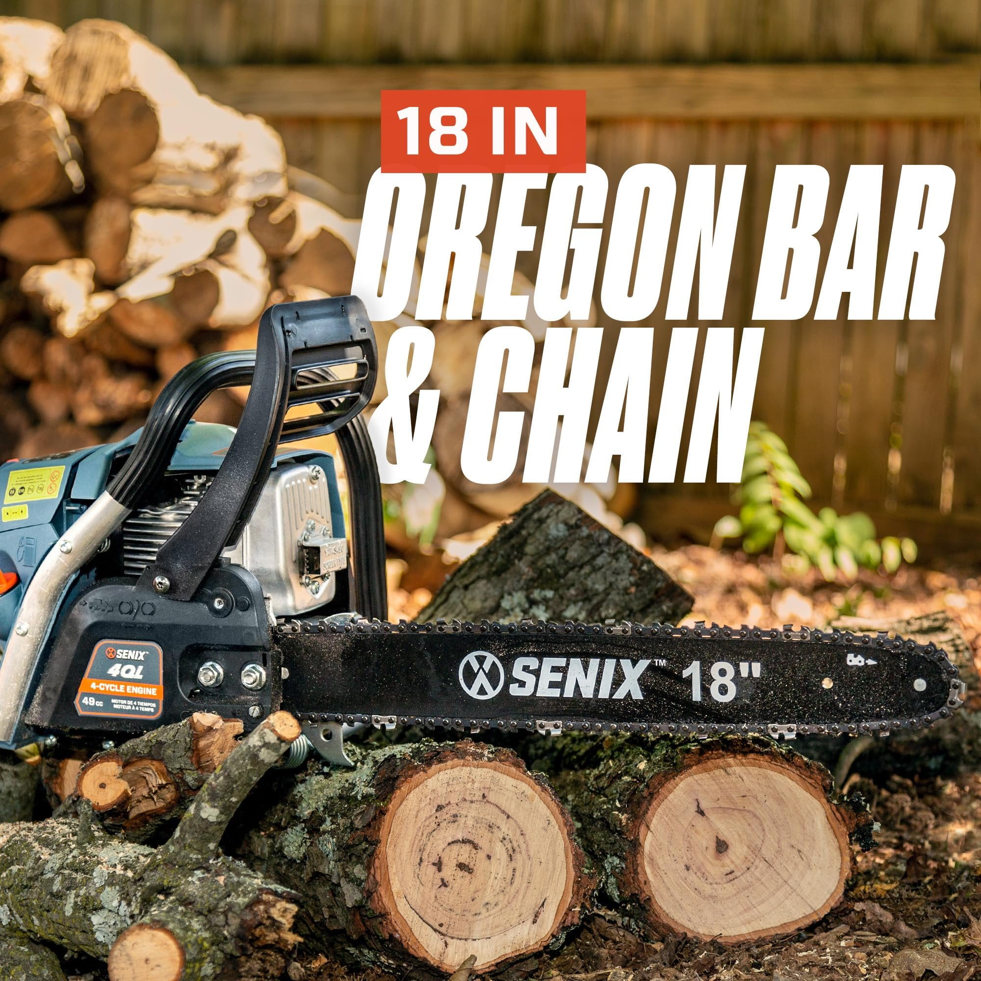 Senix 4QL Gas Chainsaw, 49cc 4-Cycle Engine with 18-in Oregon Bar and Chain (18 in) lkub7