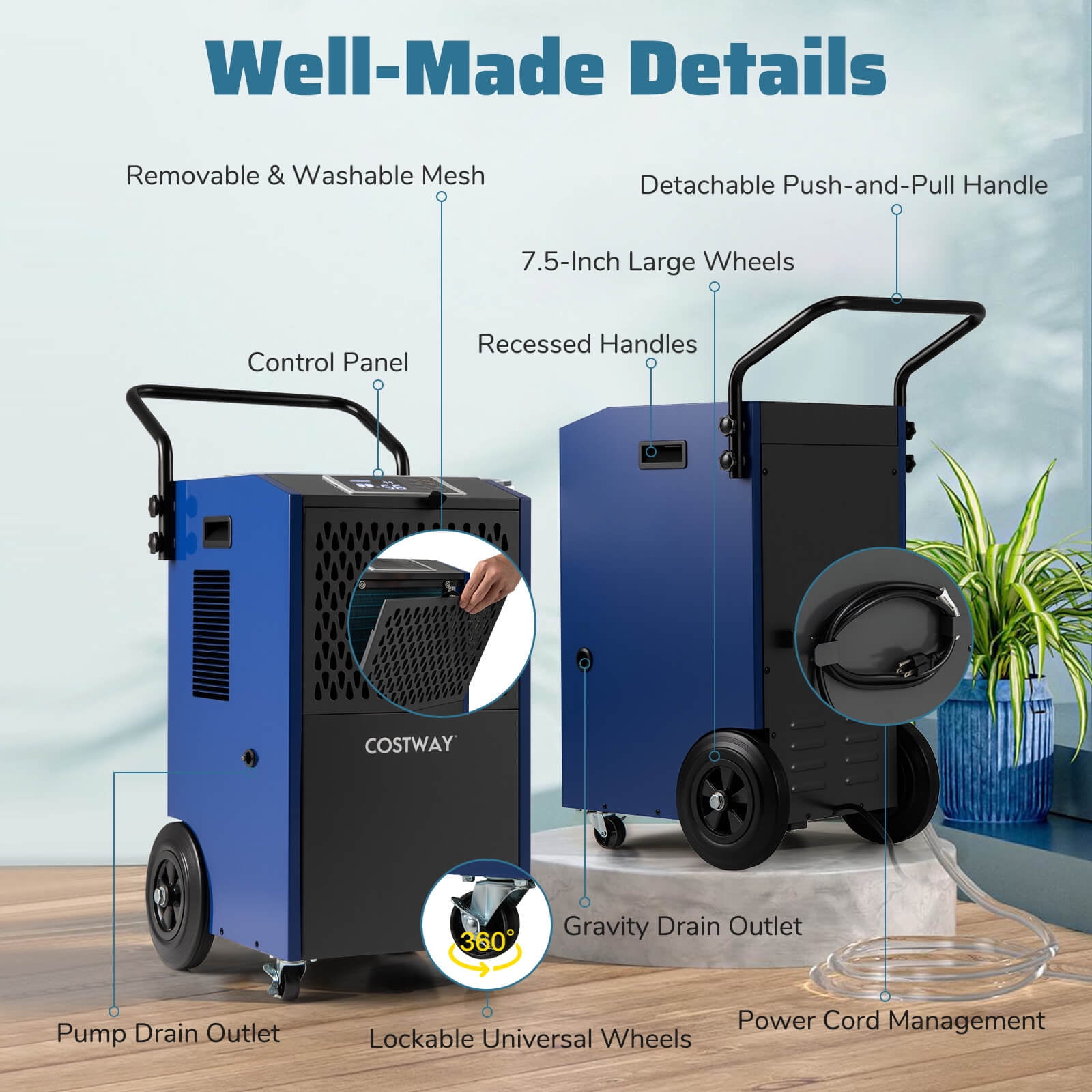 Costway Commercial Dehumidifier with Pump and Drain Hose for Basements and Job Sites (Blue, 49-Pint DOE) jwluo