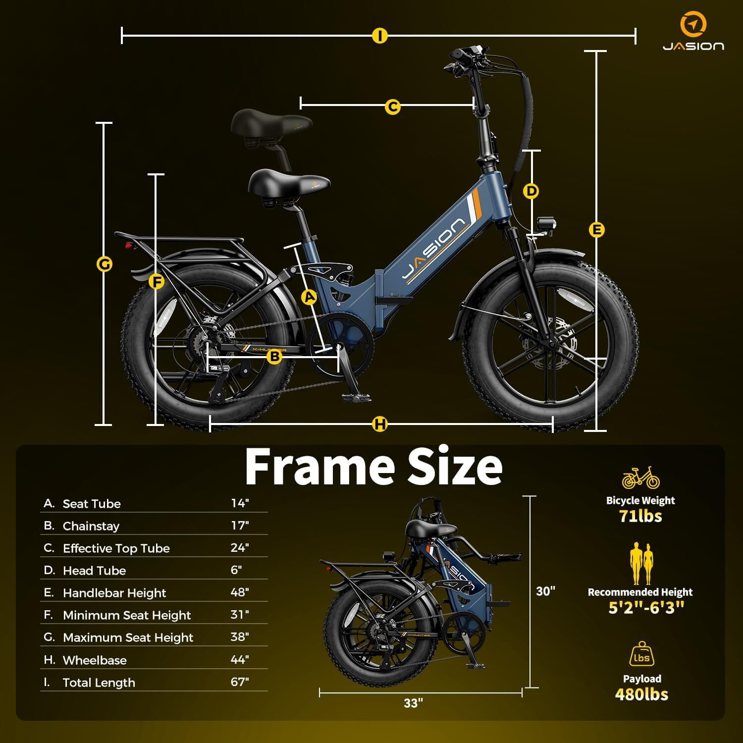 Jasion X-Hunter ST Foldable Electric Bike, 750W Motor with 48V 13Ah Battery, Full Suspension Fat Tire E-Bike for Adults (Blue, 20 in) 8dql5