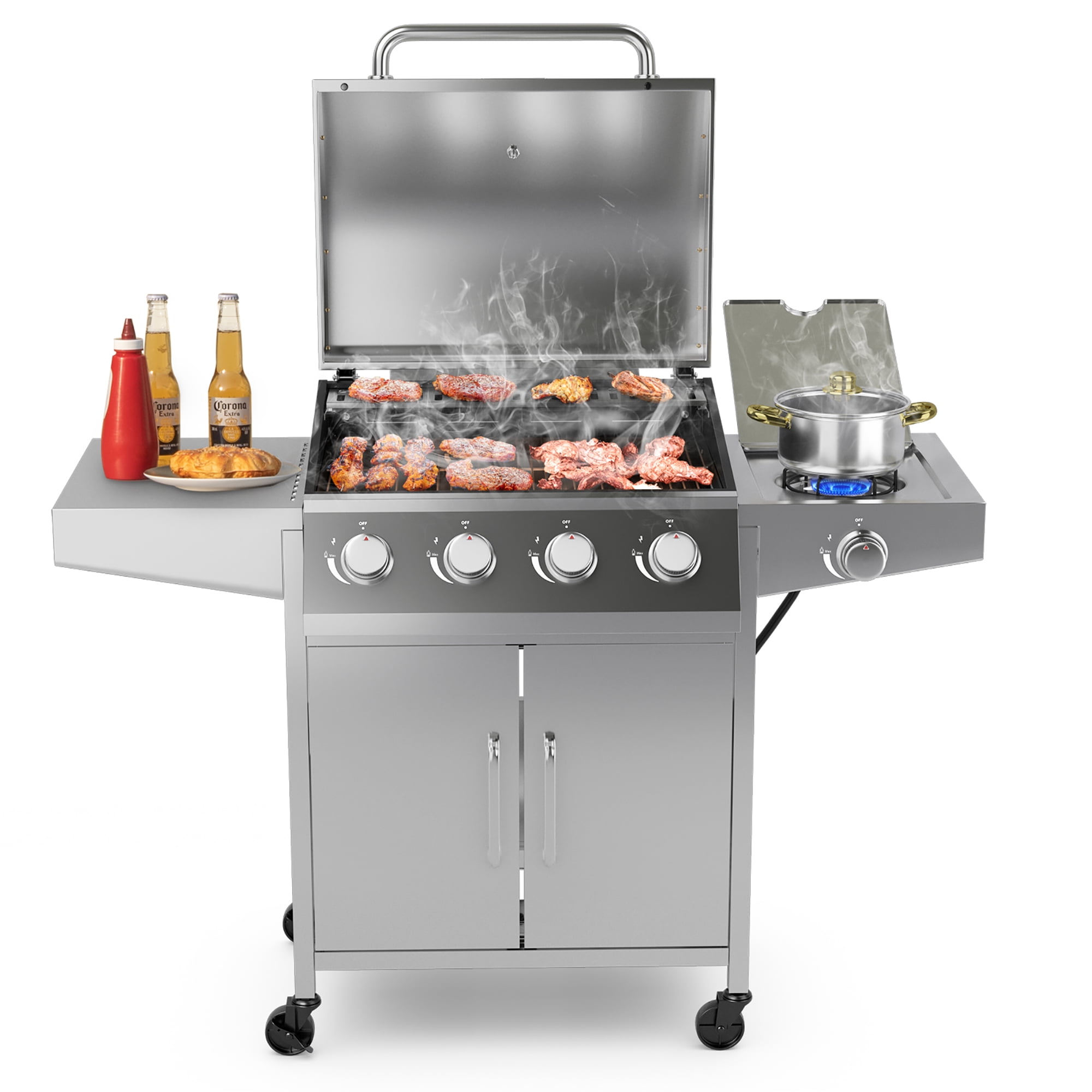 Costway 5-Burner Propane Gas Grill with Side Burner and Prep Table (Silver, 516 sq in) ngiis
