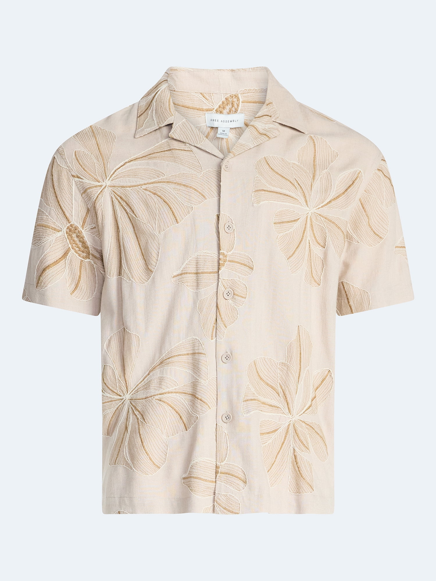 Free Assembly Men's Embroidered Linen Blend Camp Shirt Short Sleeve Button-Up (White, XS) raaxc