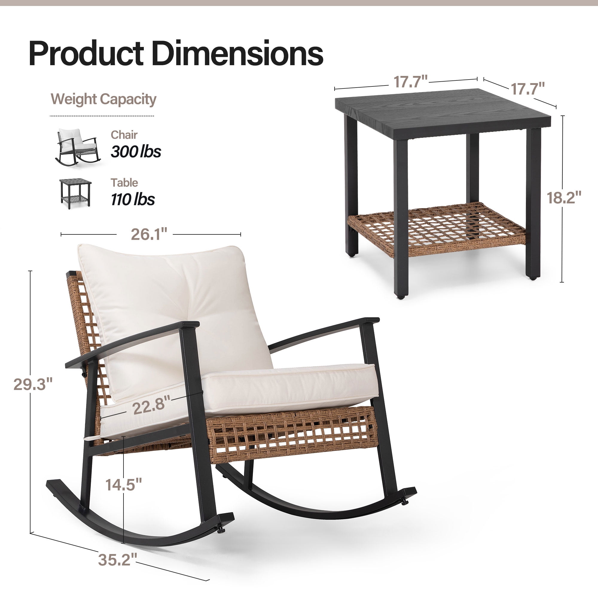 KamerOut 3-Piece Patio Conversation Set, All-Weather PE Wicker Rocking Chairs with Coffee Table (Beige, 3-Piece Set) hh2ab