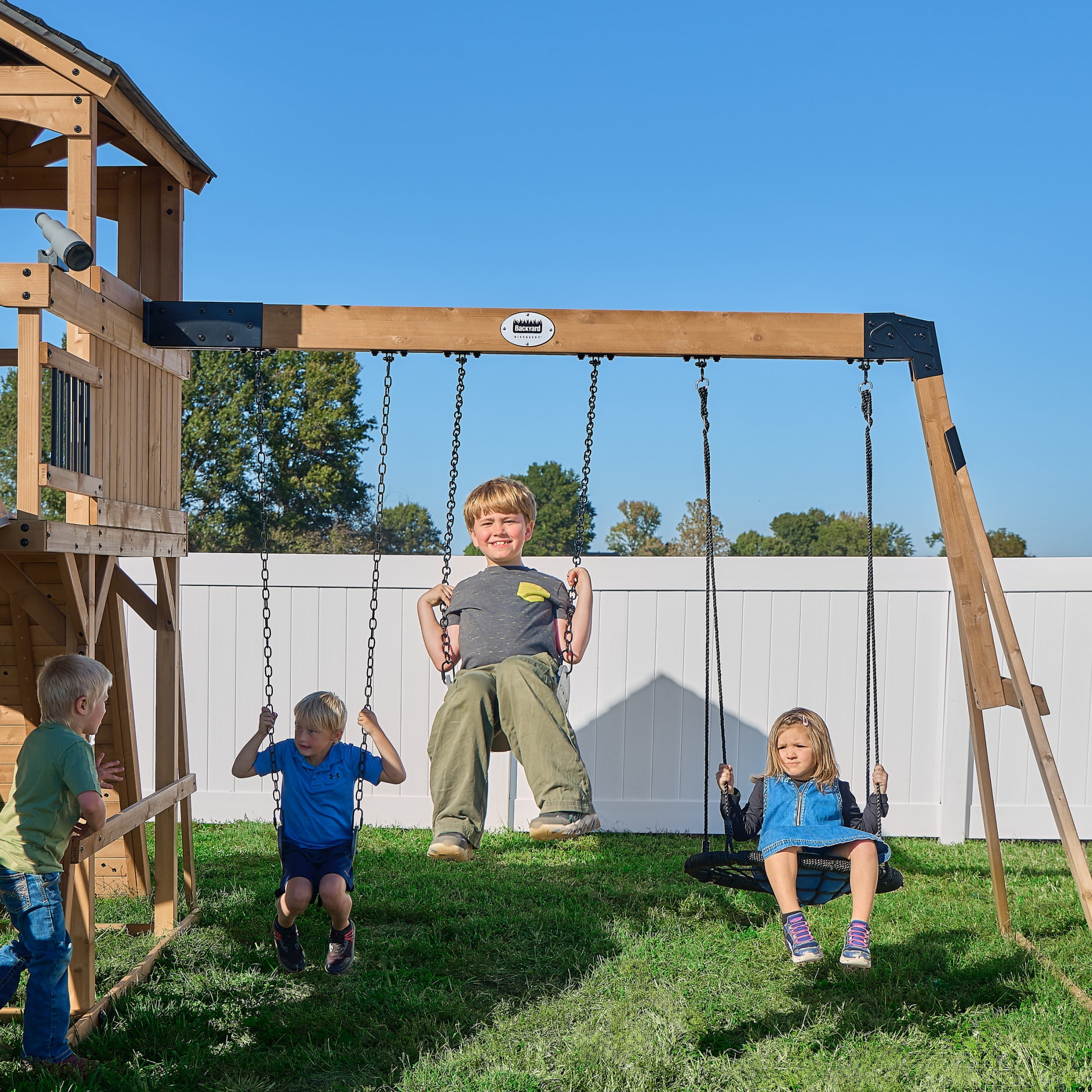 Backyard Discovery Dover Bay Spruce Swing Set with Clubhouse, Slide, Monkey Bars, and Rock Wall (Brown, 19.5 ft x 11.5 ft) 054gx