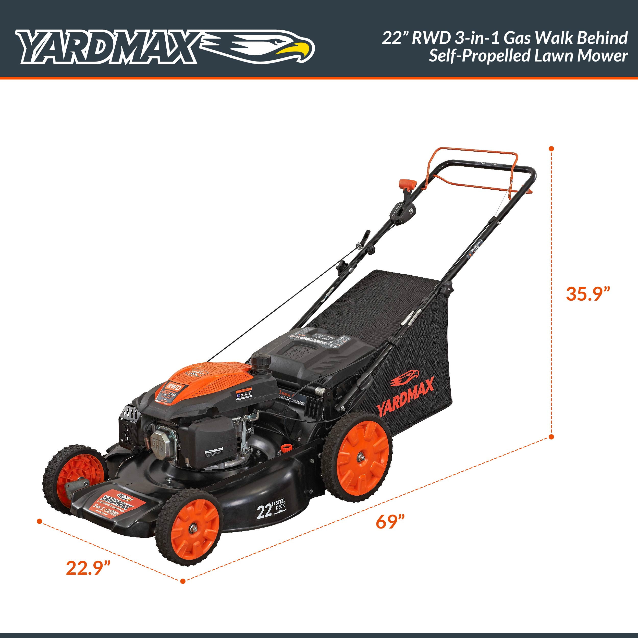 Yardmax 22 in. 201cc Select Pace 6-Speed Self-Propelled Gas Lawn Mower (3-in-1, RWD) xdcr9