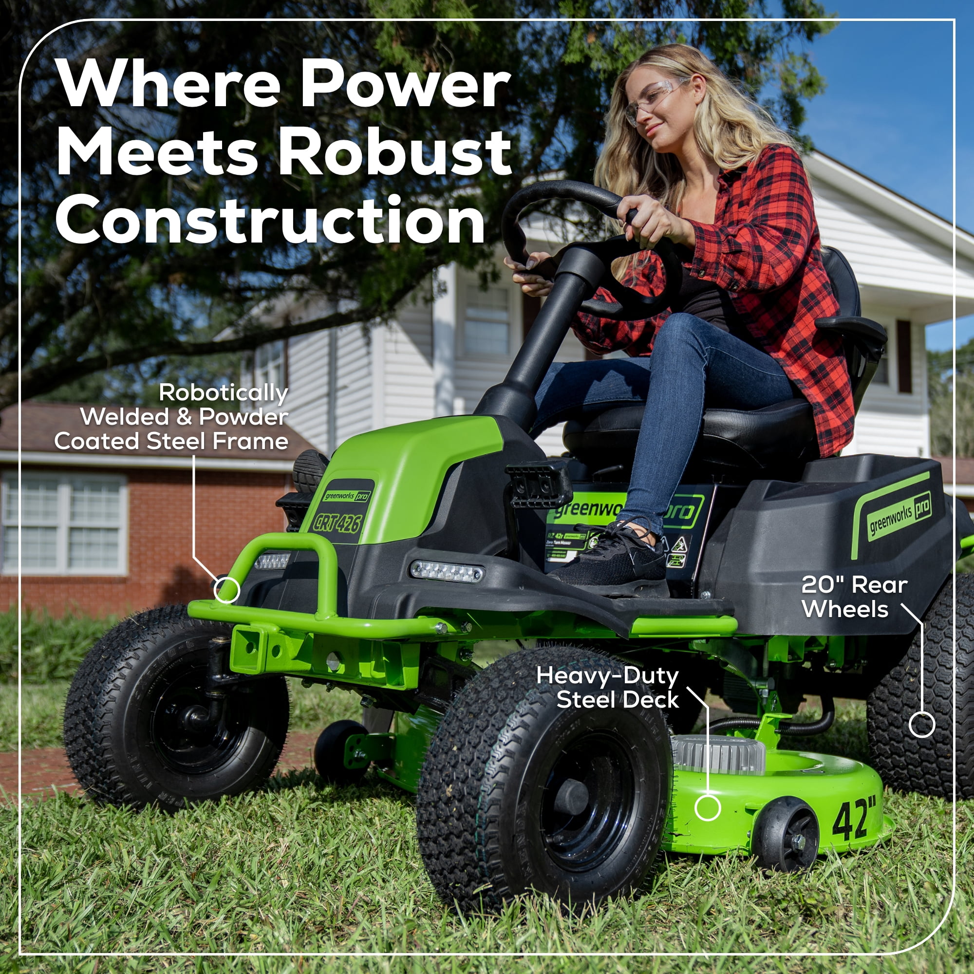 Greenworks 60V 42-in Cordless Electric Riding Lawn Mower with (6) 8.0Ah Batteries and (3) Dual Port Turbo Chargers sksom
