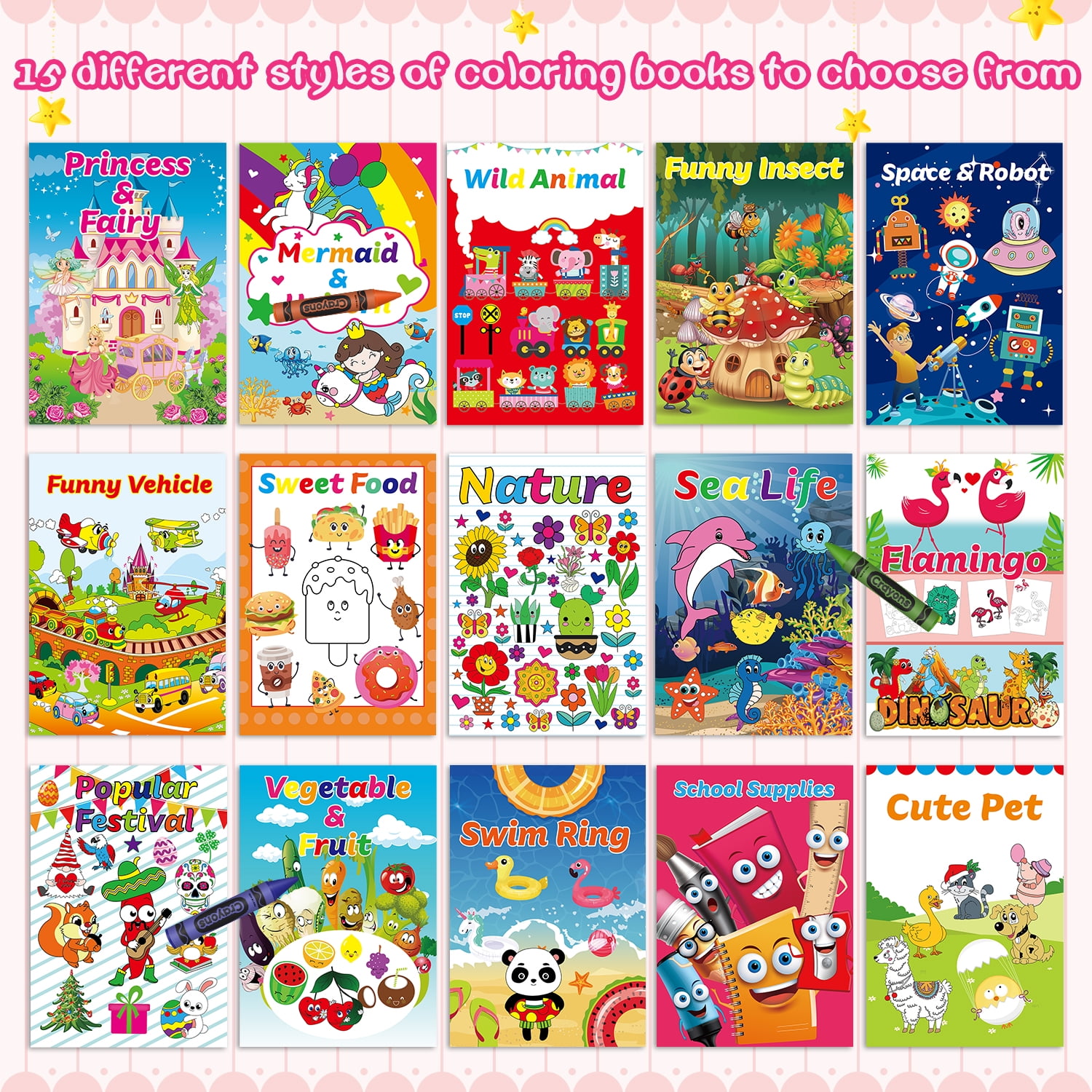 Kalysky Mini Coloring Books for Kids Activity Set (15 Pack, 5.9 in x 8.5 in) 4pc8e