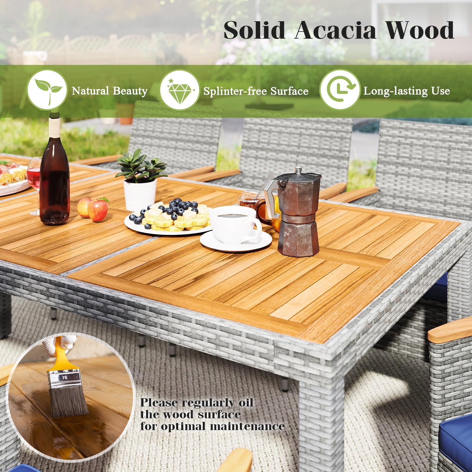 Gymax 9-Piece Patio PE Wicker Dining Set with Acacia Wood Table and Cushioned Chairs (Navy, 9-Piece Set) xmgz5