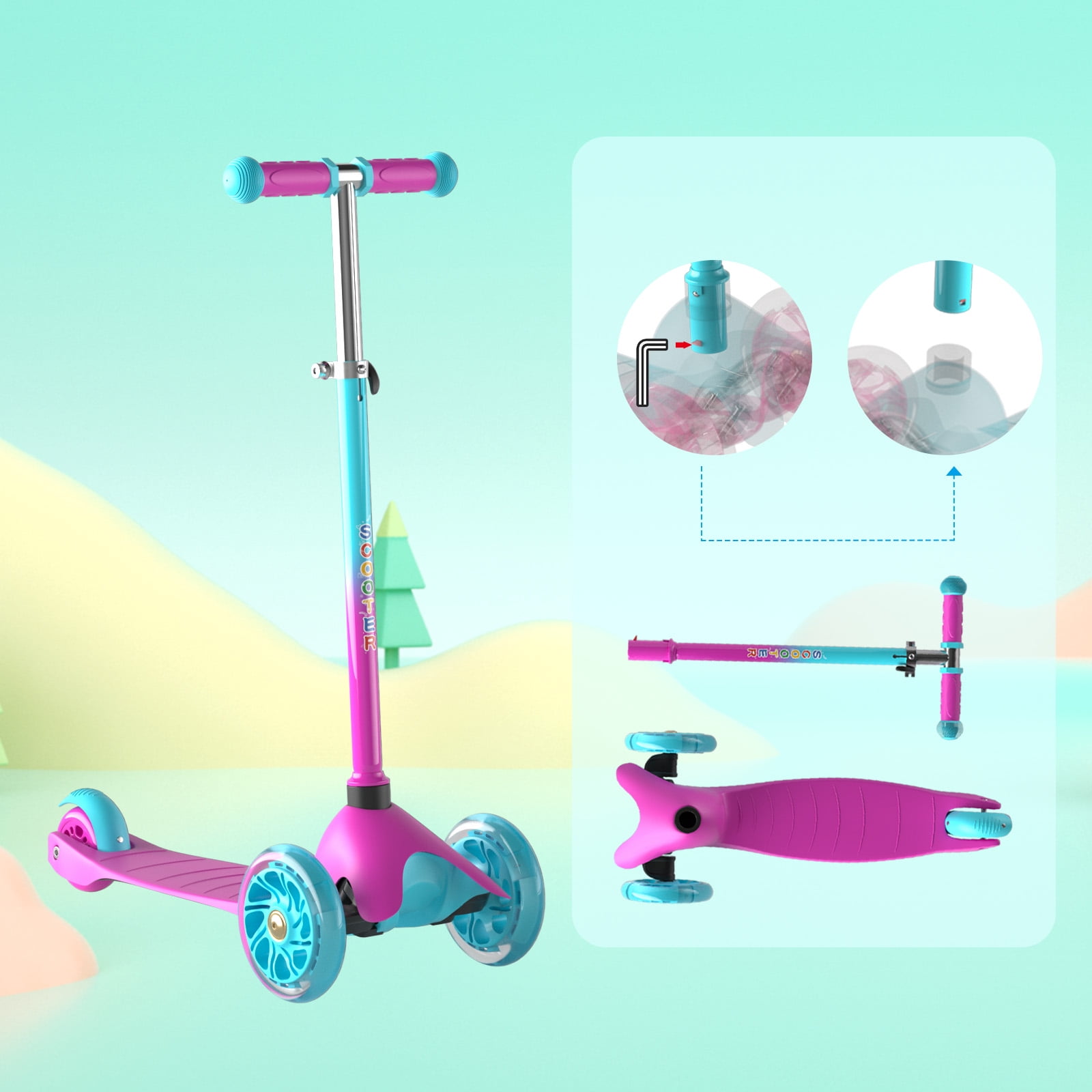 KORIMEFA 3-Wheel Kids Kick Scooter with Light-Up Wheels and Adjustable Handlebar (Pink, 110 lb Capacity) avdw0