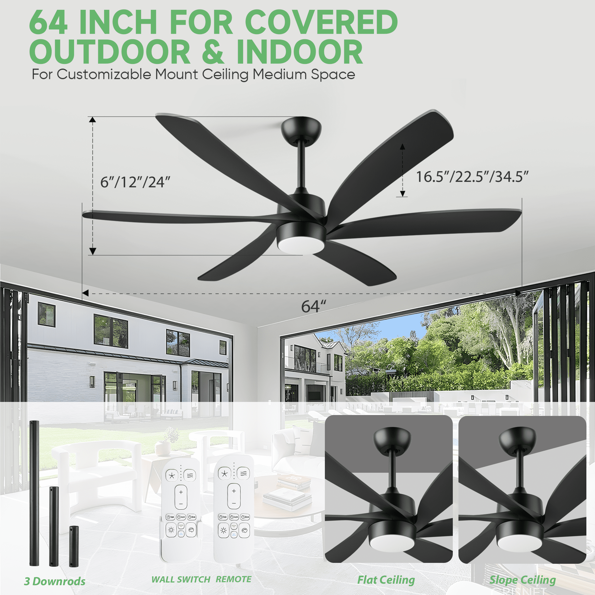 ShreeFindee 64 in Outdoor Ceiling Fan with Light, Dimmable LED, Reversible DC Motor, Waterproof for Patio and Indoor Use (Black, 64 in) olngl
