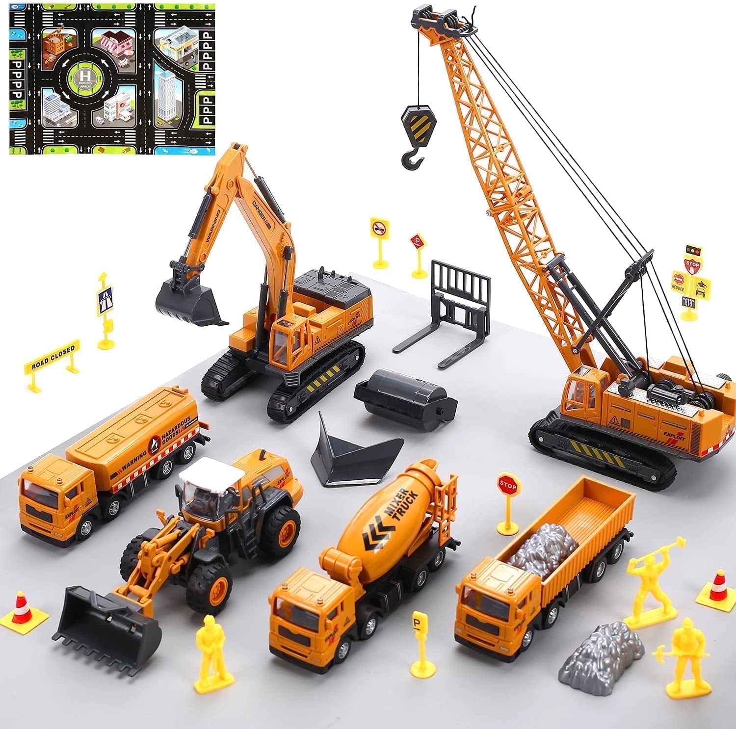 JoyStone Construction Vehicle Playset with Playmat and Movable Parts (Yellow, 1 Set) qij64