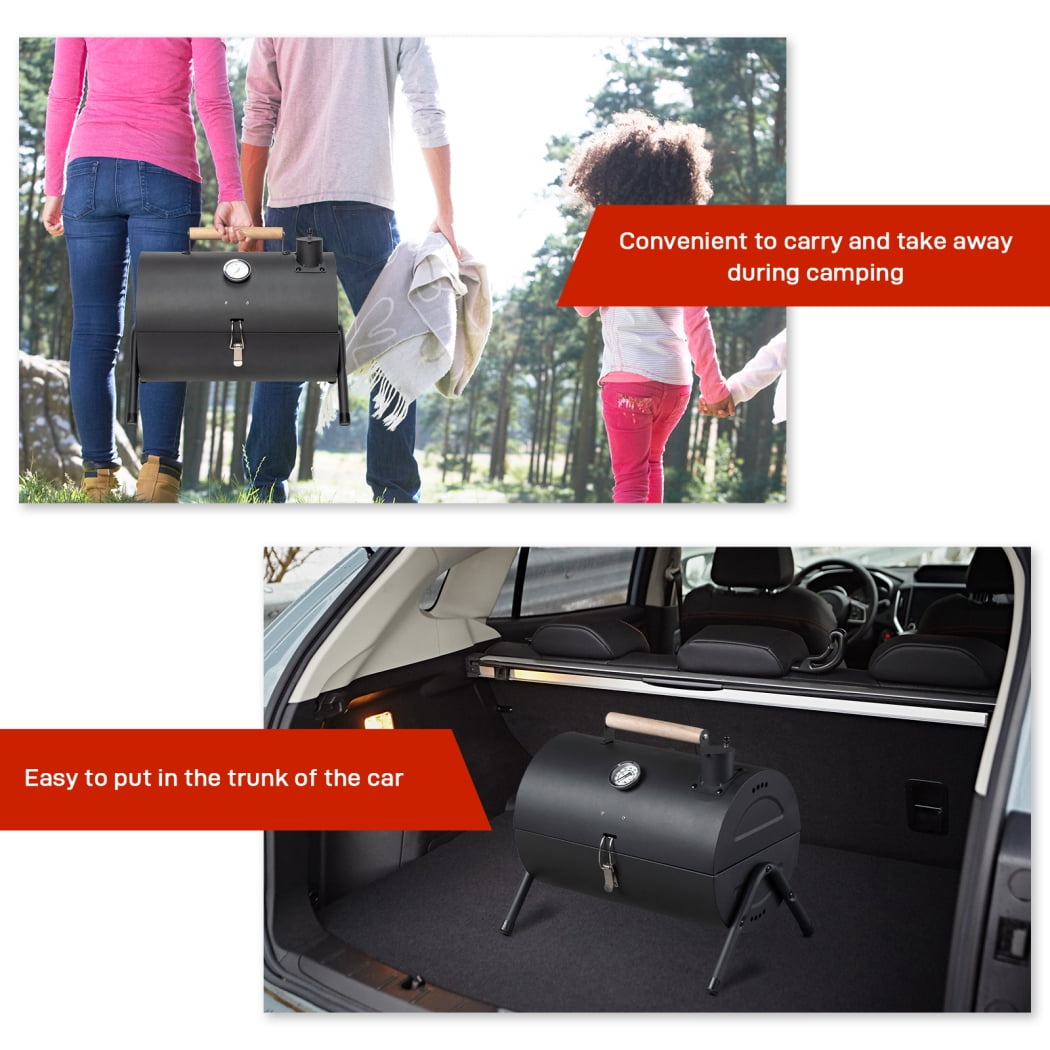Triple Tree Portable Charcoal Grill with Thermometer and Wooden Handle, Compact Tabletop BBQ Smoker for Outdoor Camping (Black, 13.5 in x 8.5 in) 3jfp7
