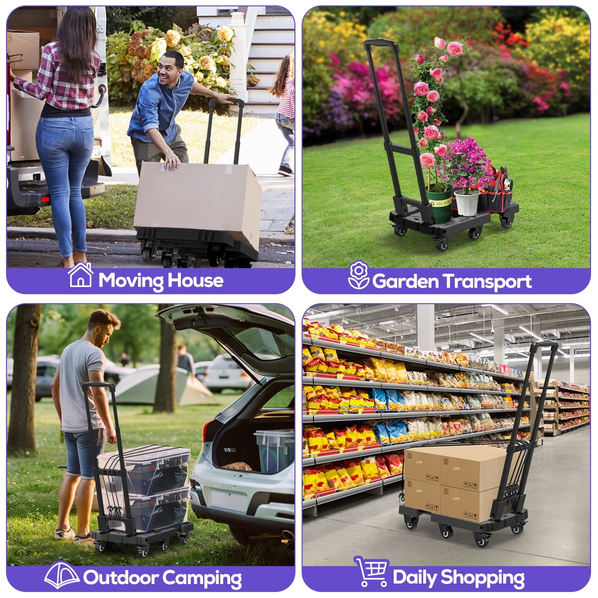 TNTANTS Folding Hand Truck, Heavy-Duty Portable Dolly Cart, 6-Wheel Collapsible Luggage Trolley with 3 Elastic Ropes (Black, 500 lb) 19z23