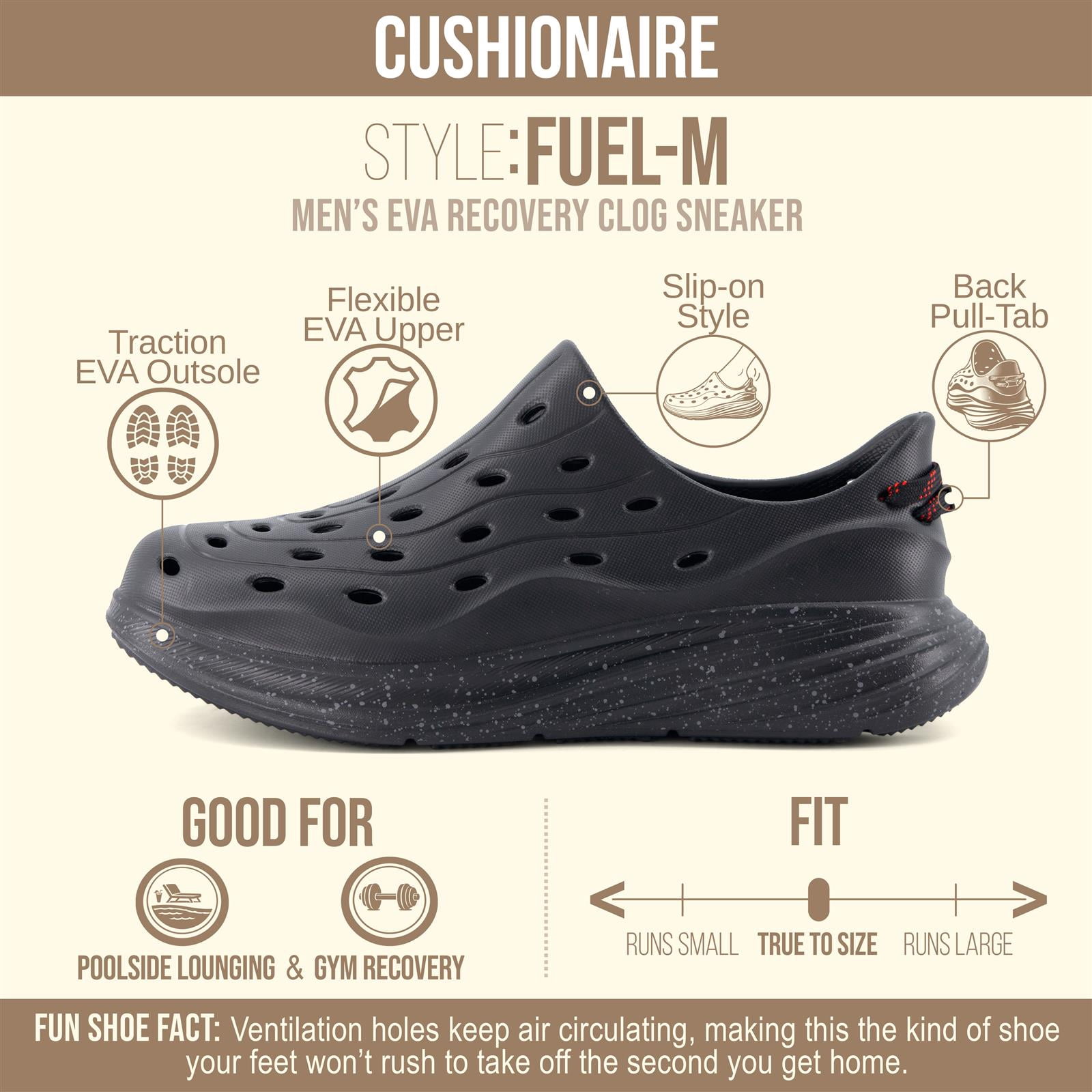 Cushionaire Fuel EVA Recovery Shoes for Men, Lightweight Waterproof Slip-On Sandals with Cushioned Footbed (Black) yyh4i