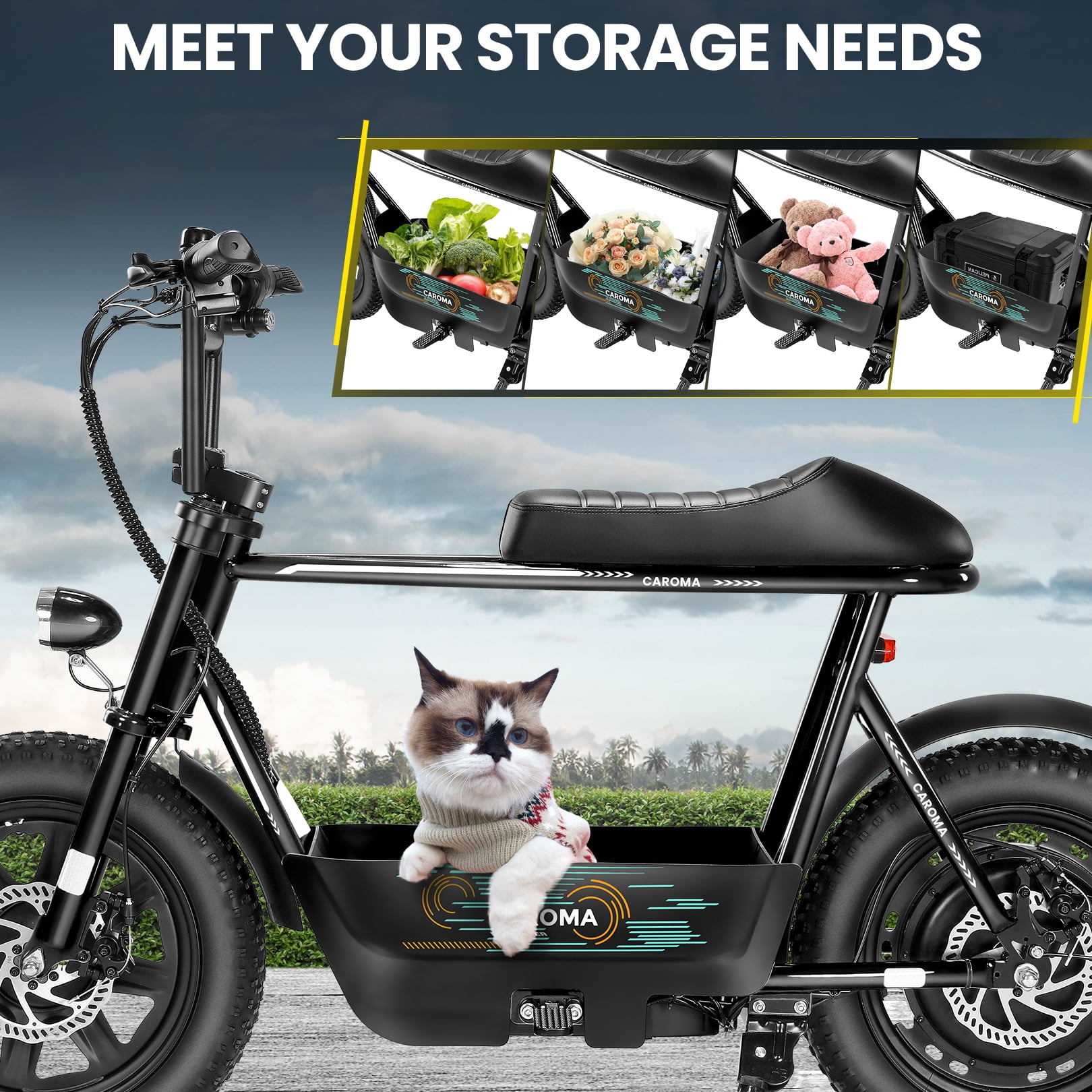 Caroma Electric Scooter with Seat and Basket, 800W Motor, 25 Mile Range, 16 in Fat Tires (Black) ns3hp