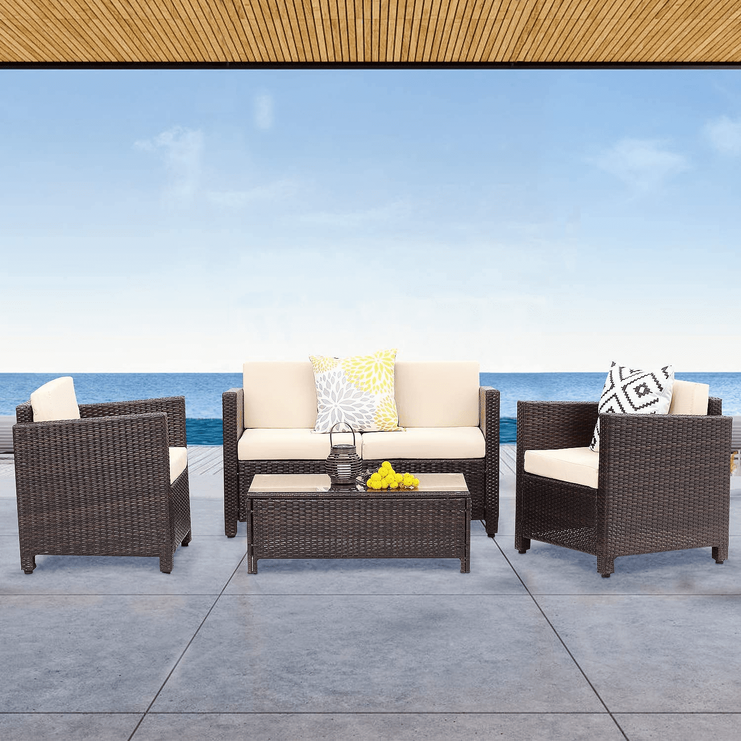 Royalcraft 4 Piece Outdoor Wicker Conversation Set with Cushions (Brown, 4 Piece Set) plrzt