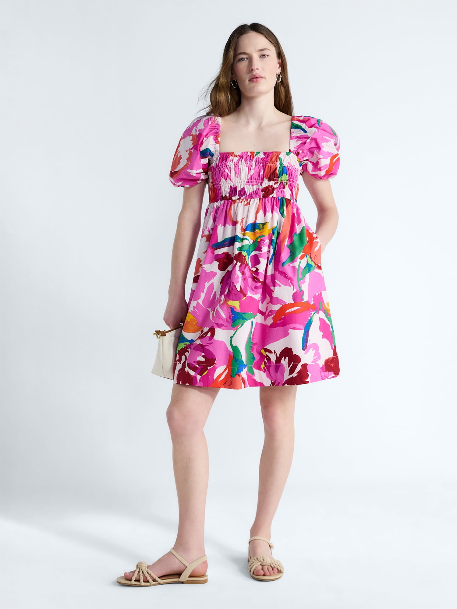 Free Assembly Women's Puff Sleeve Smocked Peasant Mini Dress (Pink, XS) cyok3
