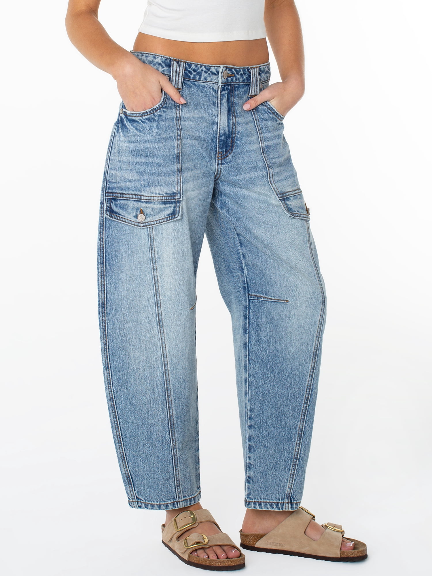 Celebrity Pink Women's Mid Rise Utility Barrel Jeans, Baggy Fit Denim (Pink, 27 in Inseam) b4gn7