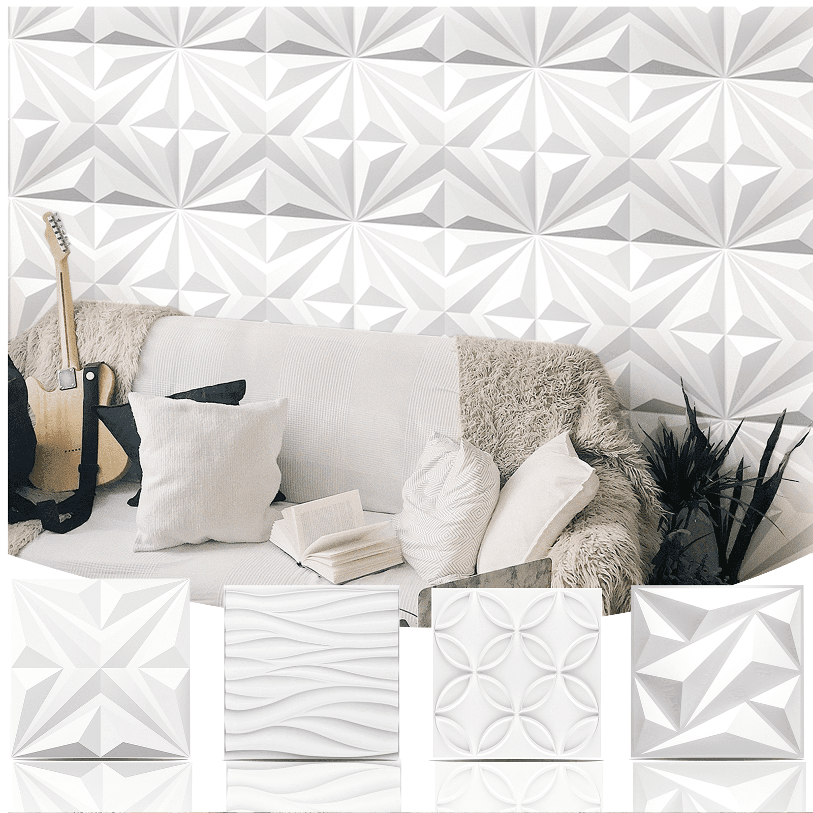 Art3d 3D Wall Panels Embossed PVC Decorative Interior Wall Decor (Matte White, 12-Pack, 19.7 in x 19.7 in) hi6rv
