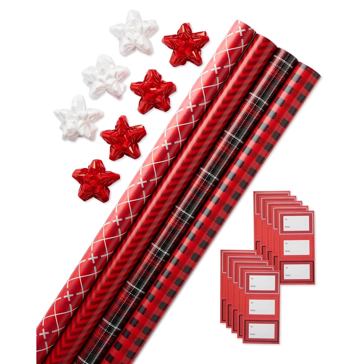 American Greetings Christmas Wrapping Paper Set with Gridlines, Bows, and Gift Tags (Red, 4 Rolls, 48 ft Total) w7bsr