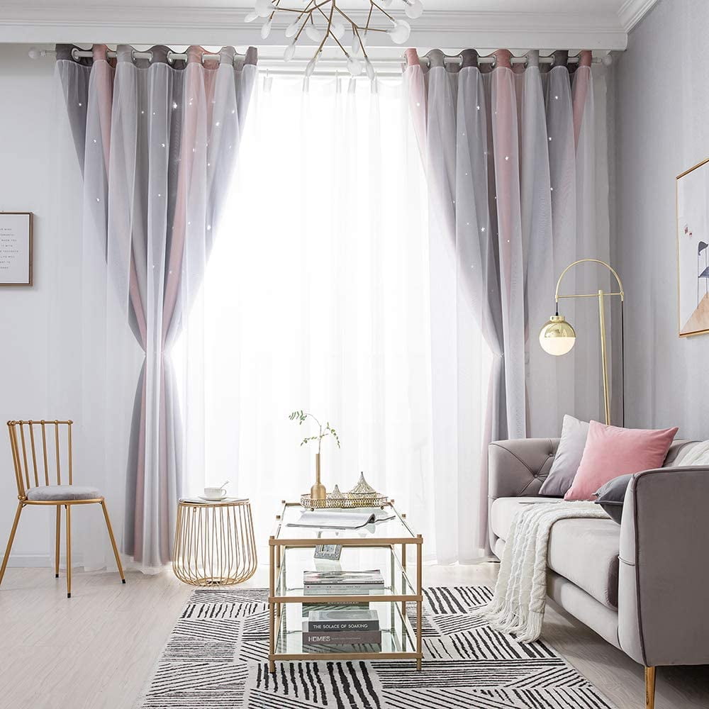 BSHAPPLUS Blackout Curtains with White Sheer Overlay Layered Window Drapes for Bedroom and Living Room (Blue and Yellow, 52 in x 84 in, 1 Panel) m16j2
