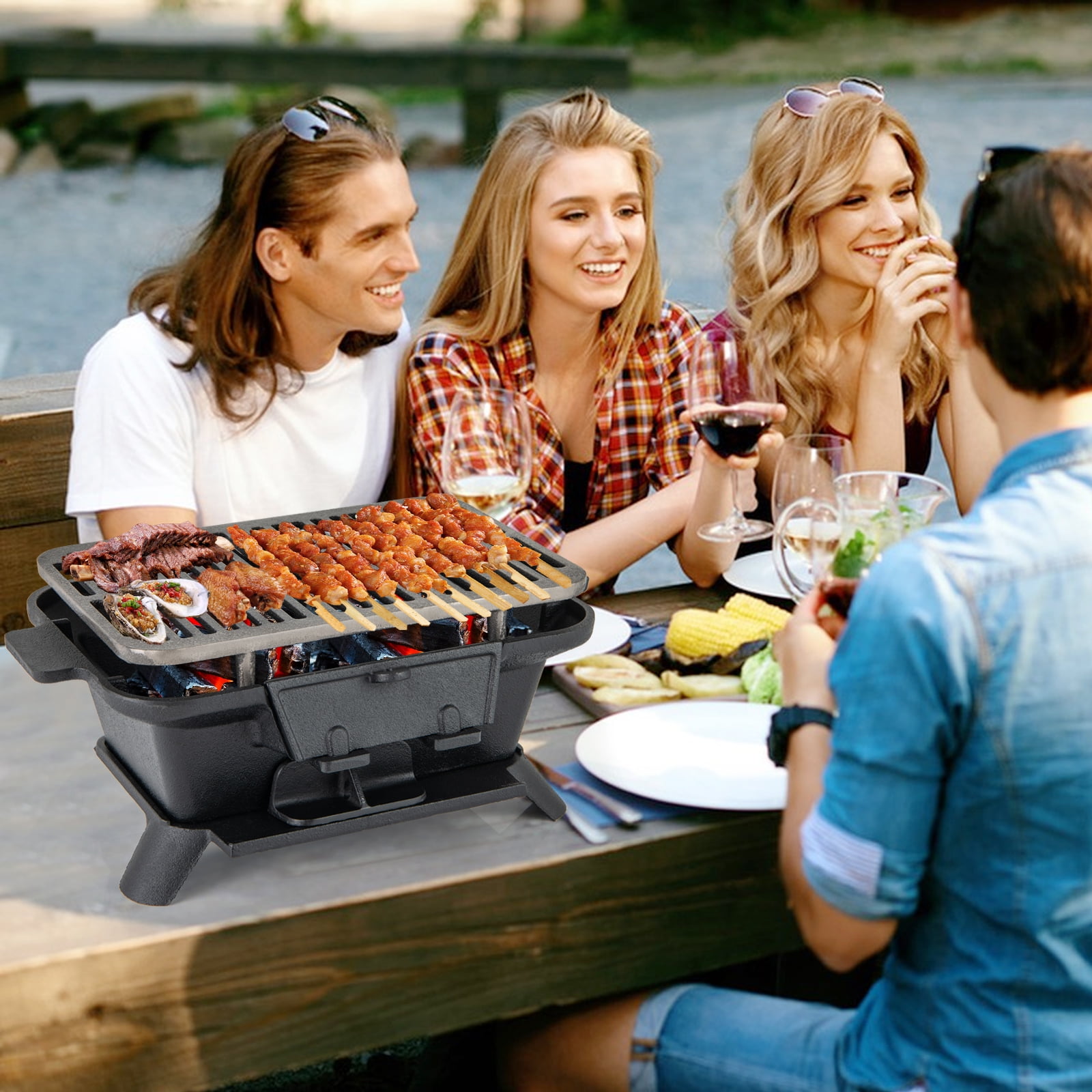 Topbuy Portable Heavy Duty Cast Iron Charcoal Grill Tabletop BBQ Stove (Black, 17 in x 10 in) zig26