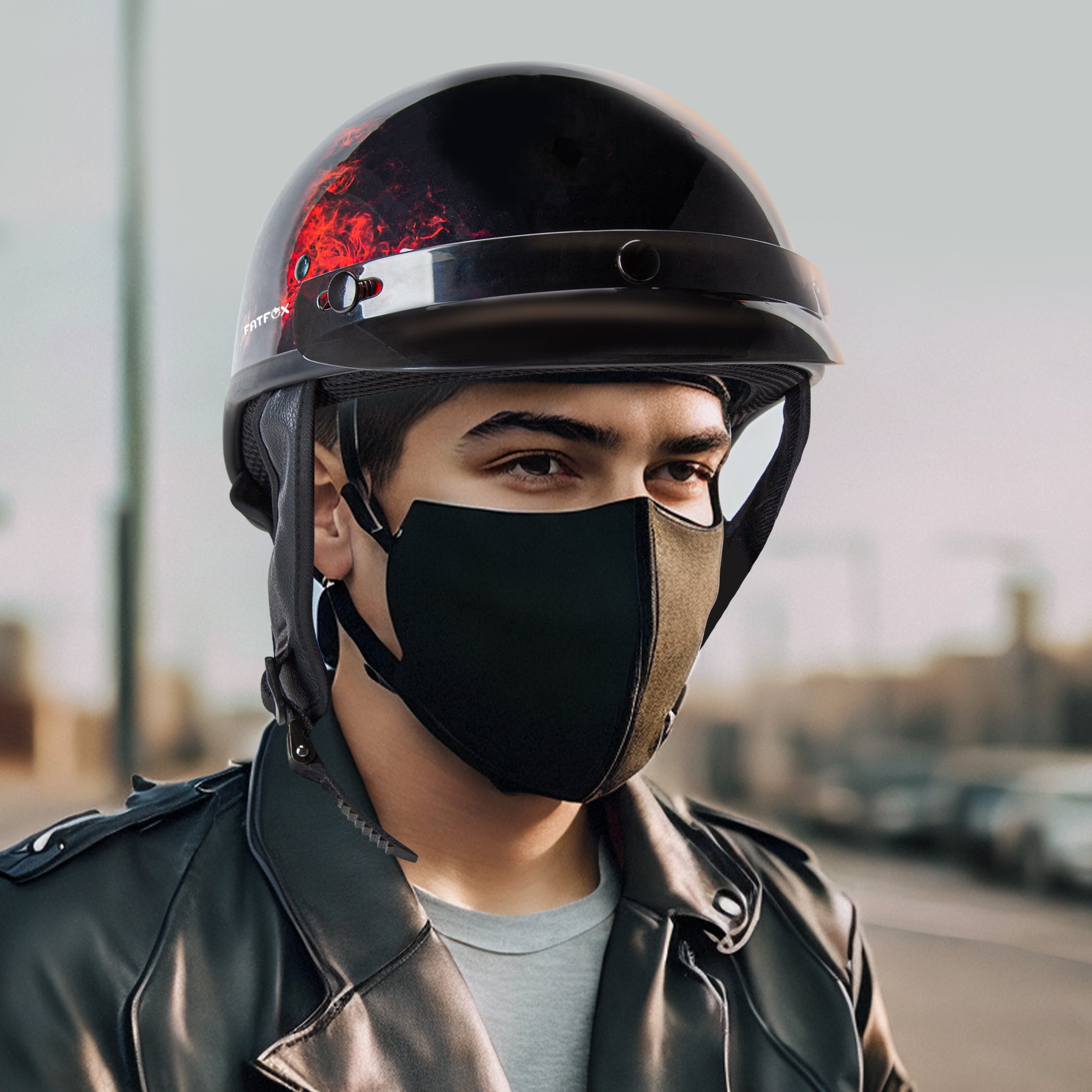 FATFOX Half Face Motorcycle Helmet, DOT Approved Cruiser Scooter Gear (Red Skull, Small) 0q4qc