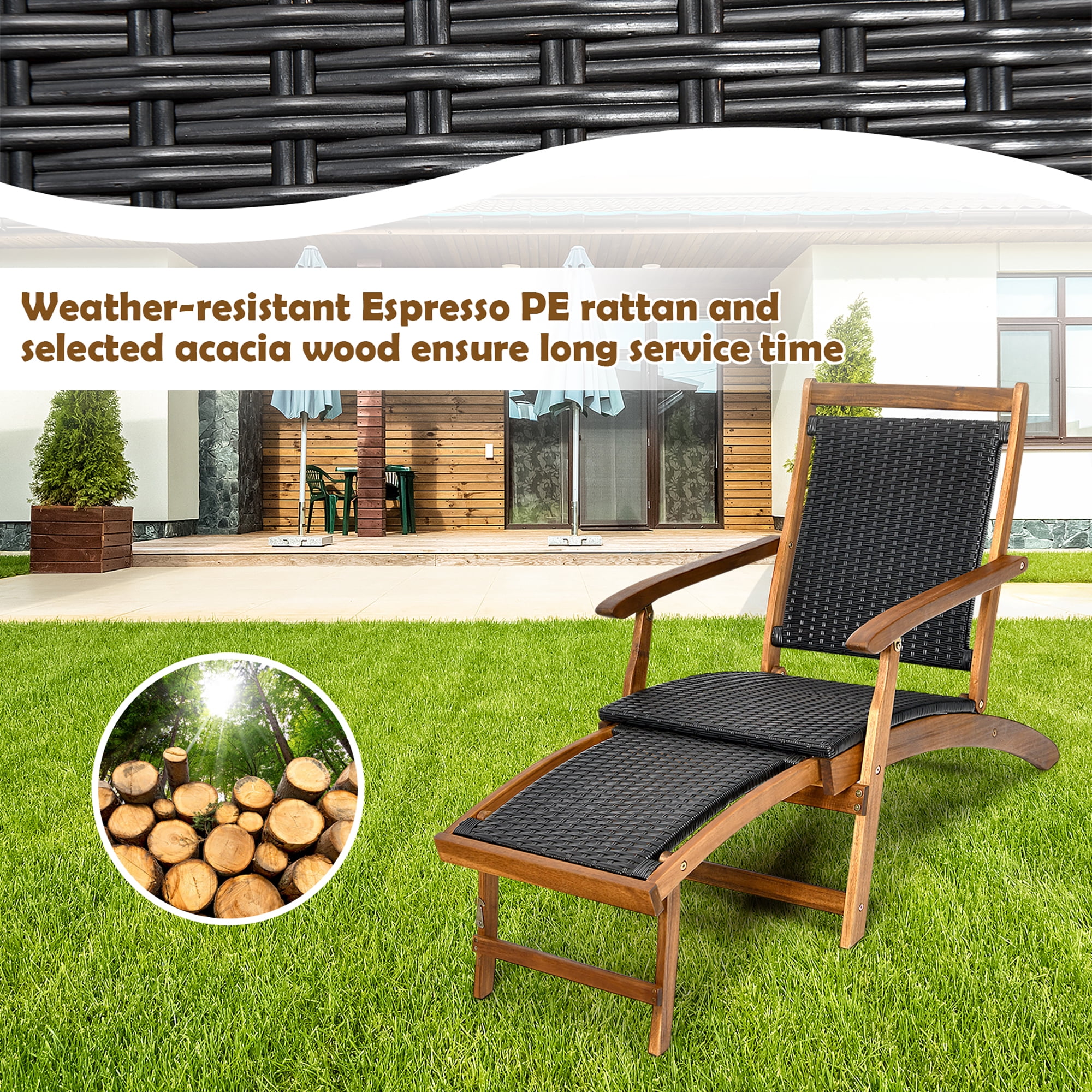 Costway 2-Piece Patio Folding Rattan Lounge Chair Set with Retractable Footrest (Brown, 24 in x 51.5 in x 32.5 in) motay