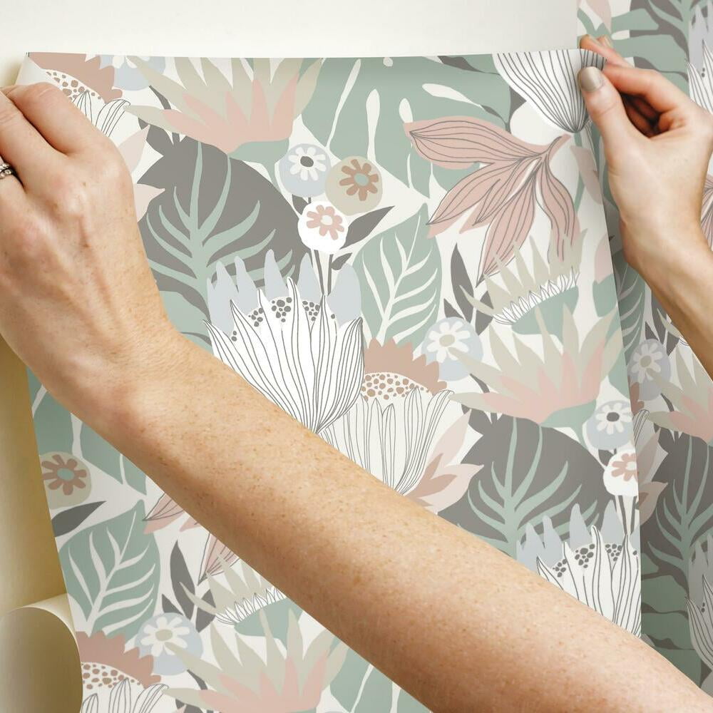 RoomMates Retro Tropical Leaves Peel and Stick Wallpaper (Pink, 20.5 in x 16.5 ft) jncuq