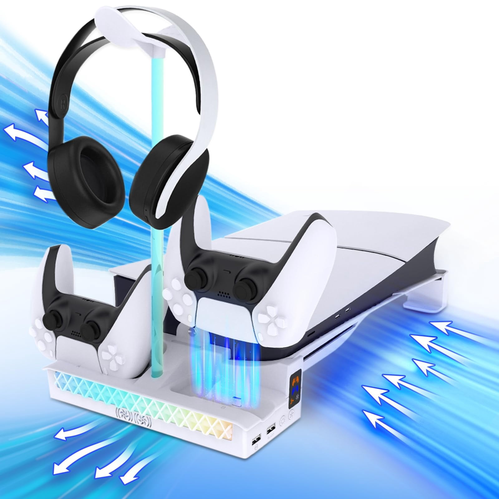 JZW-Shop PS5 Cooling Stand with Dual Controller Charger and Headset Holder (White, 1 Unit) wpcwy