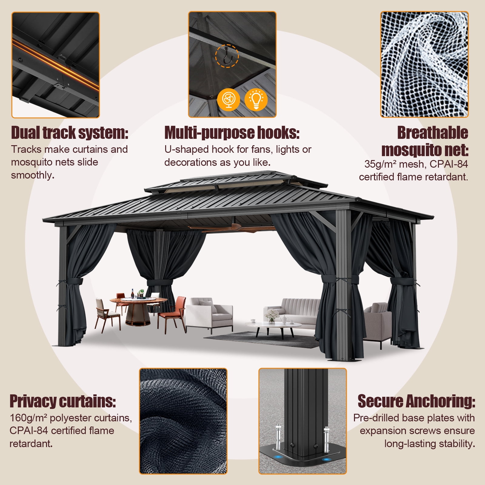 COBIZI Hardtop Gazebo with Netting and Curtains, Outdoor Aluminum Canopy for Backyard and Patio (Black, 10x15 ft) s97f0
