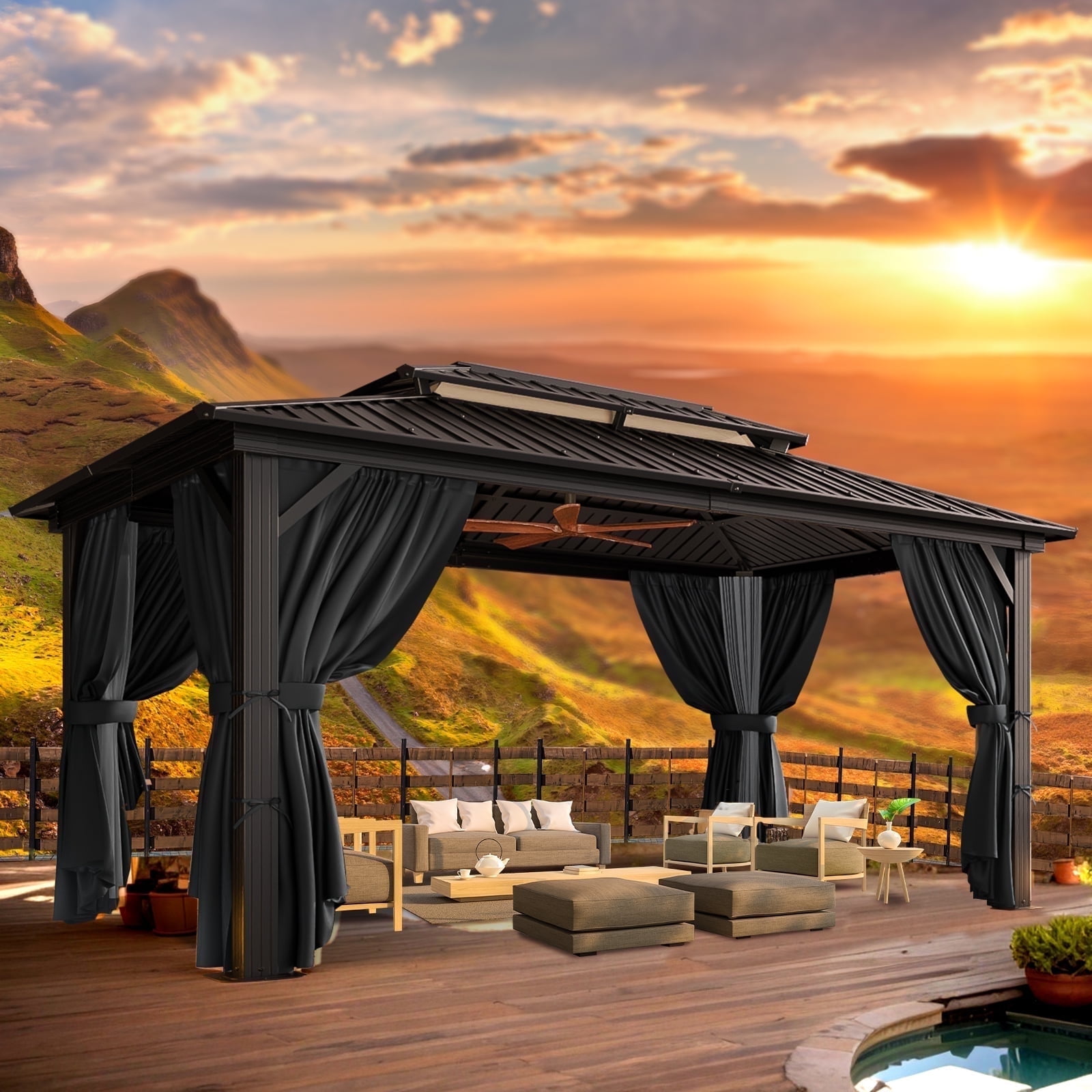 COBIZI Hardtop Gazebo with Netting and Curtains, Outdoor Aluminum Canopy for Backyard and Patio (Black, 10x15 ft) s97f0
