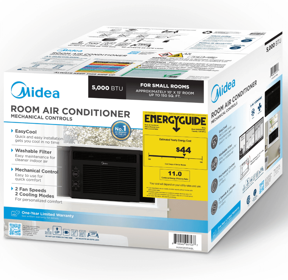 Midea 5,000 BTU Mechanical Window Air Conditioner, Compact Cooling for Rooms up to 150 Sq. Ft. (Black) cde8h