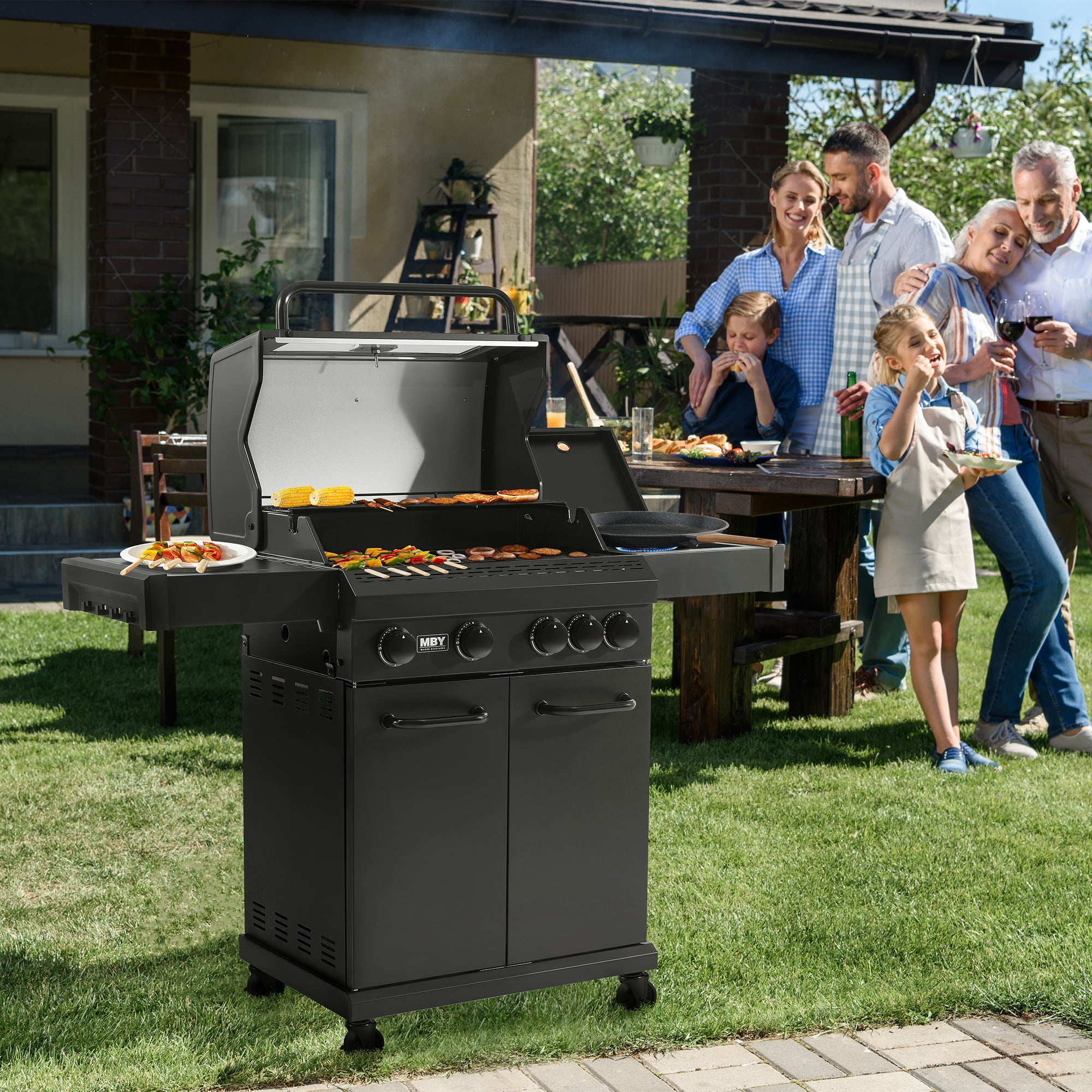 MAISON BACKYARDS 4-Burner Propane Gas Grill with Side Burner, 50,000 BTU Outdoor BBQ Grill with Cast Iron Grates and Griddle (Black, 480 sq. in.) b9ijy