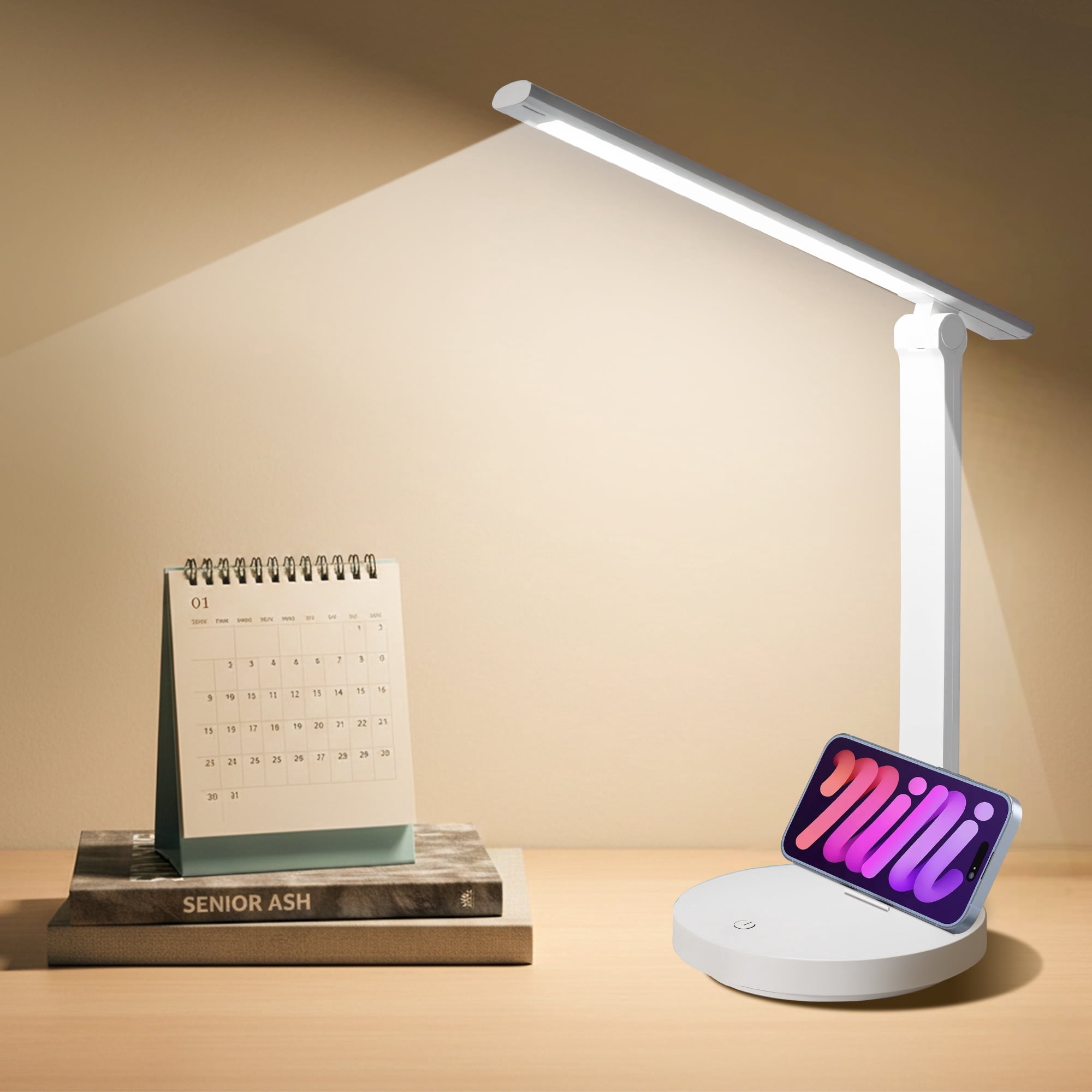 Volivo Rechargeable LED Desk Lamp, Eye-Care Dimmable Office Light with Phone Holder (White, 9.85 in Head) kn8w8