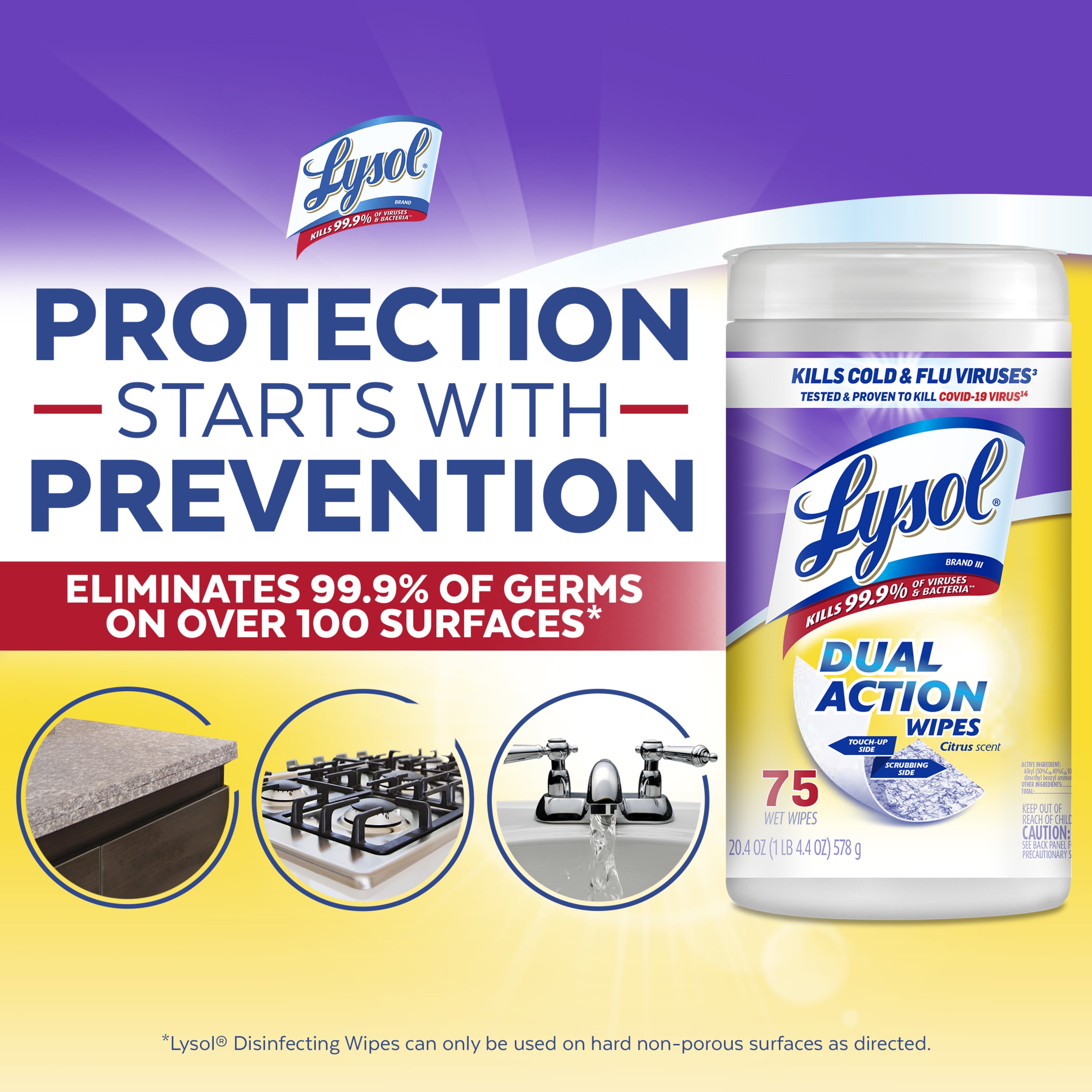 Lysol Dual Action Disinfectant Wipes, Multi-Surface Antibacterial Scrubbing Wipes, Citrus Scent (75 Count) ybpt4
