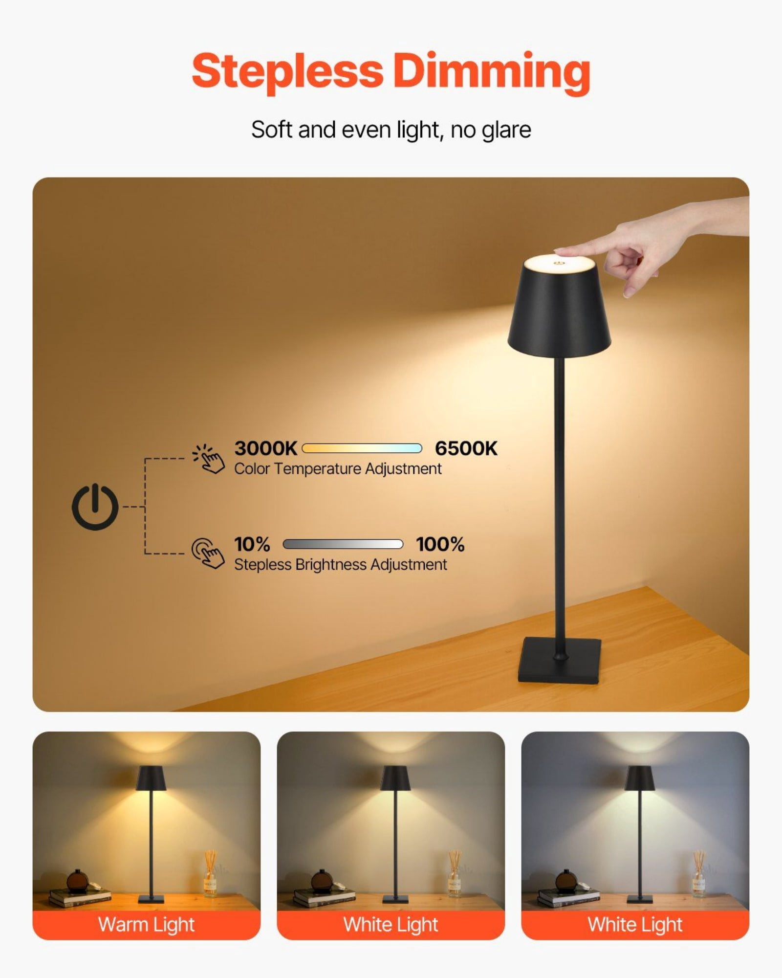 Generic Cordless Rechargeable Table Lamp, Adjustable Height LED Desk Light with Dimmable Touch Control (Black, 2-Pack, 19.69 in) dzdmm