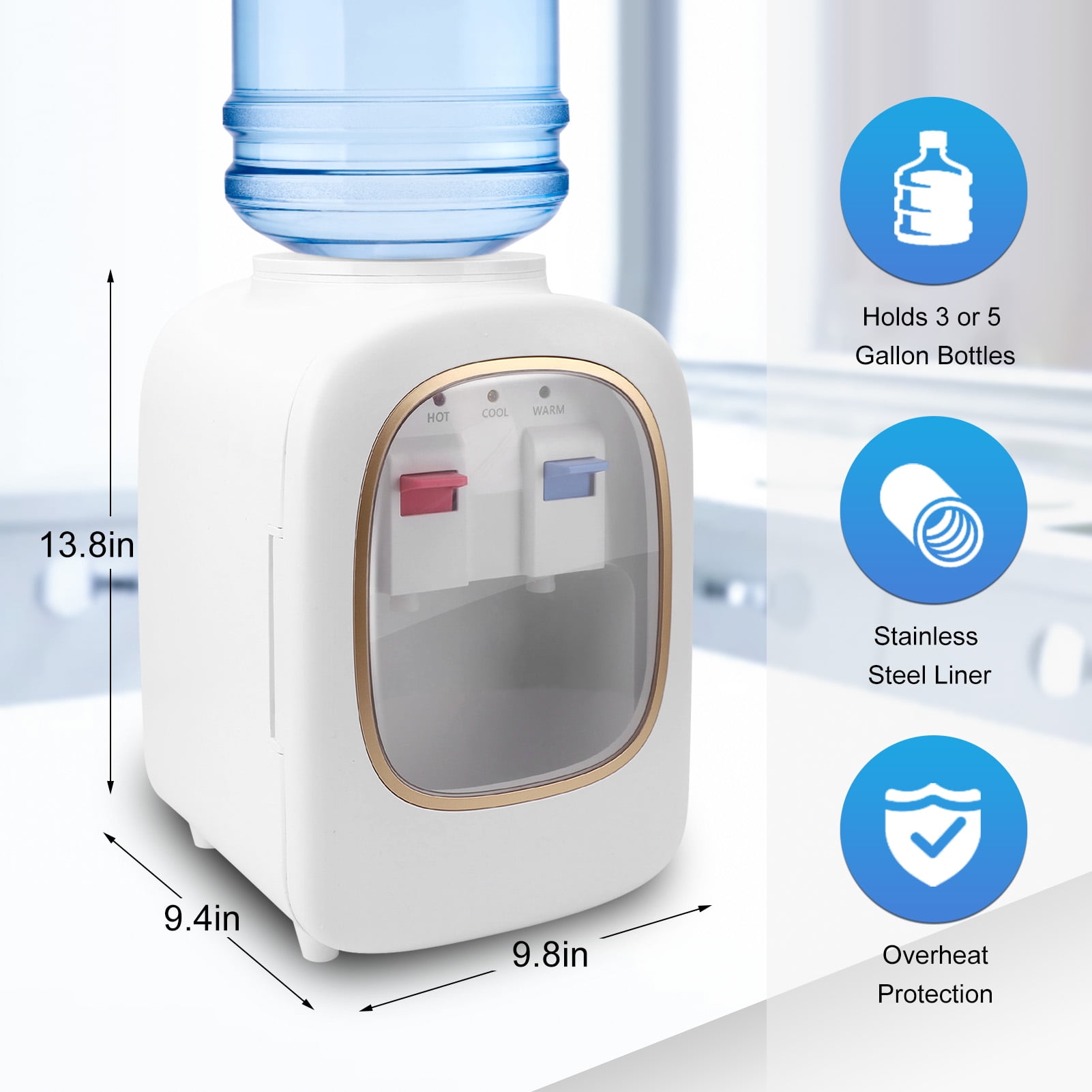 Fyydes Countertop Water Cooler Dispenser, 3-Temperature Settings, Top Loading for 3 & 5 Gallon Jugs (White) nqigm