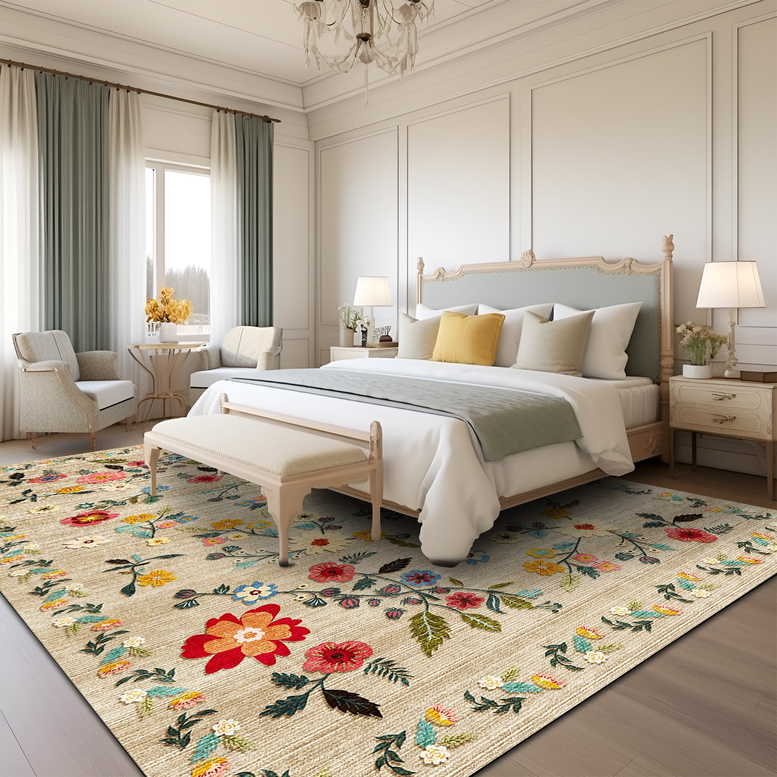 Pentantan Floral Area Rug, Machine Washable Soft Indoor Carpet for Living Room and Bedroom (Beige, 5 ft x 7 ft) xsutb