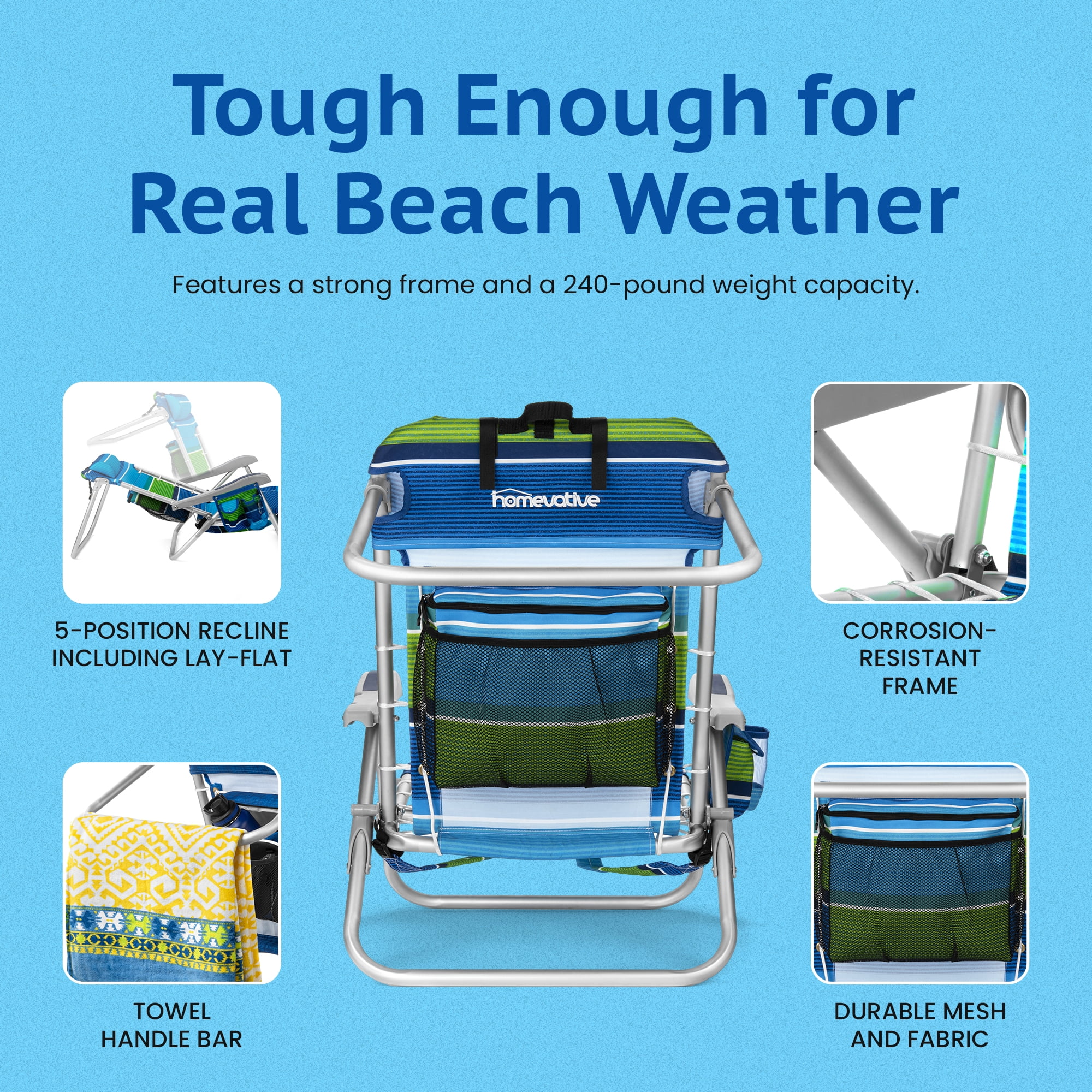 Homevative Cooler+ Folding Backpack Beach Chair, 5-Position Reclining Outdoor Seat with Storage (Blue) mds1g